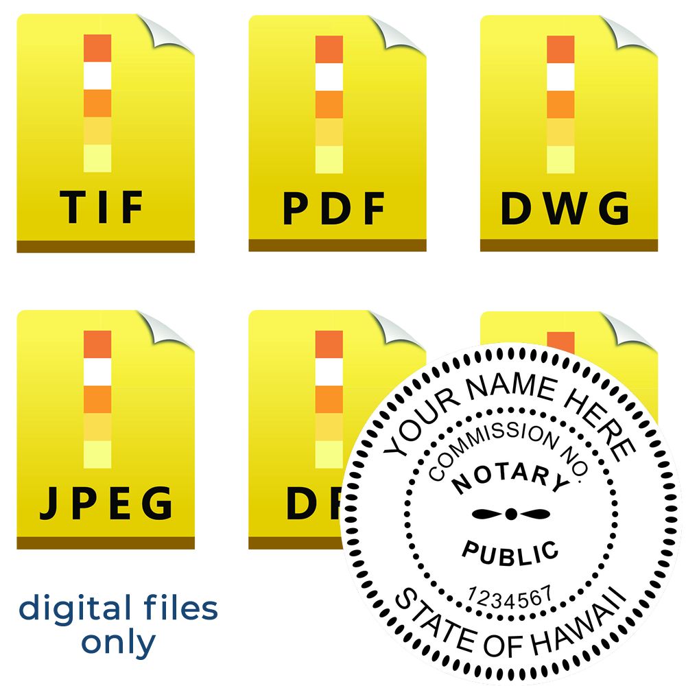 The main image for the Hawaii Round Electronic Notary Stamp depicting a sample of the imprint and electronic files