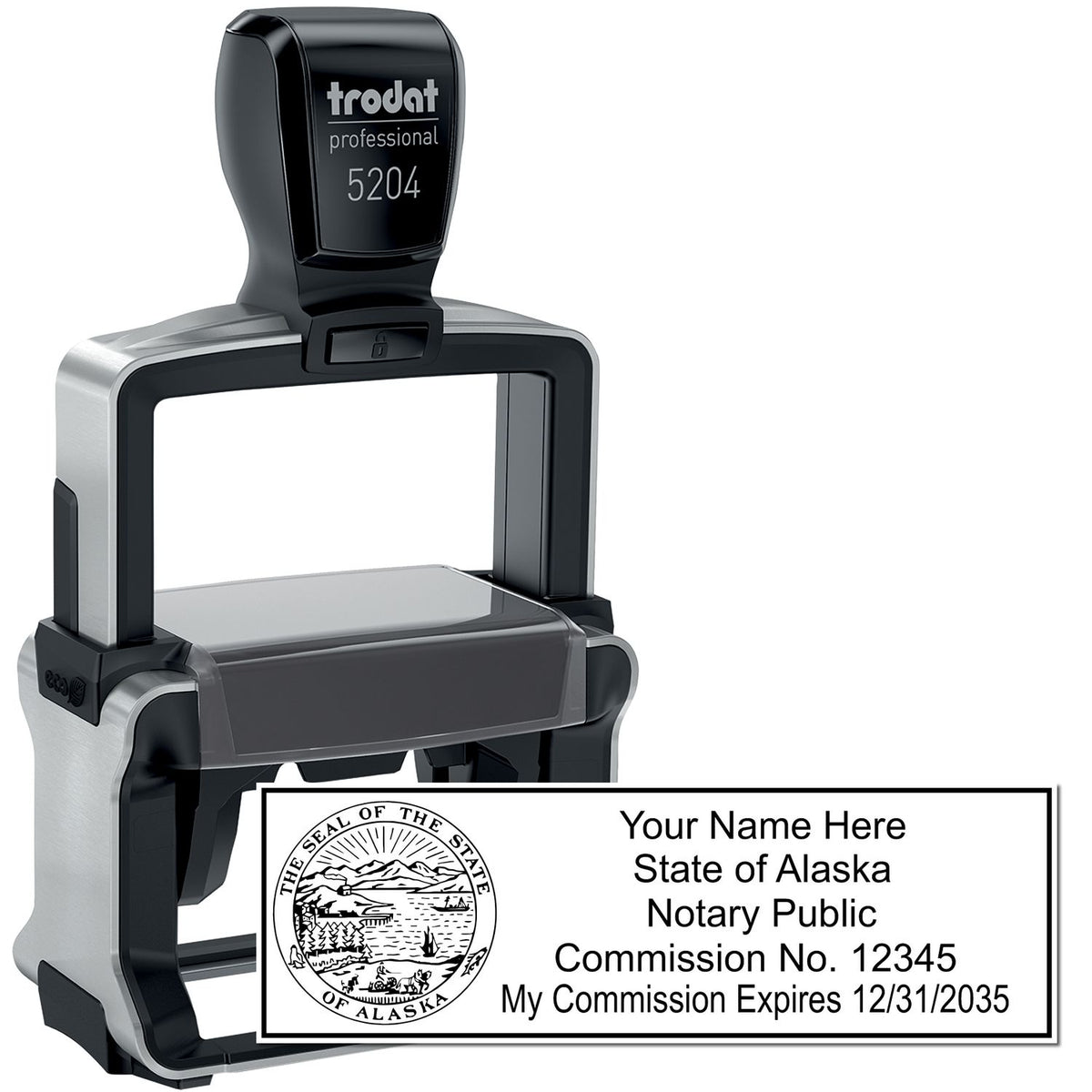 The main image for the Heavy-Duty Alaska Rectangular Notary Stamp depicting a sample of the imprint and electronic files