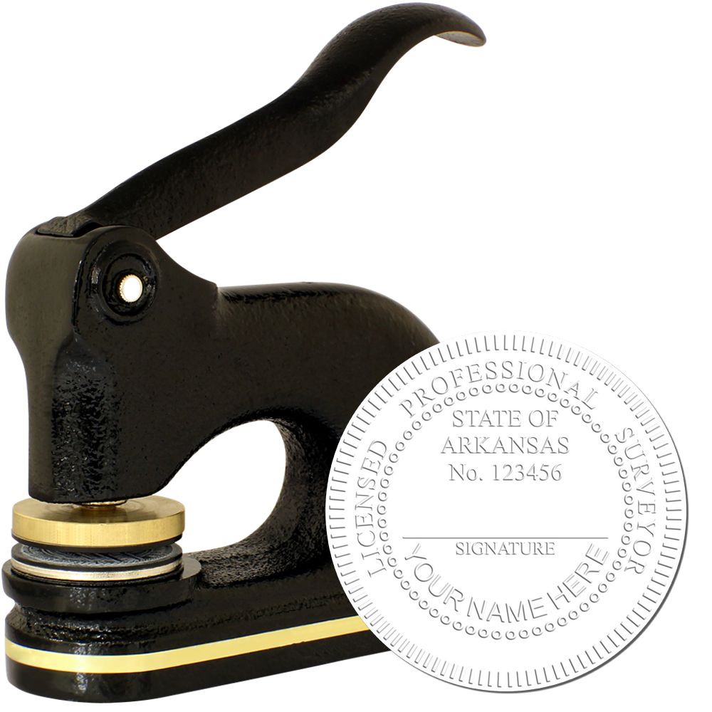 The main image for the Heavy Duty Cast Iron Arkansas Land Surveyor Seal Embosser depicting a sample of the imprint and electronic files