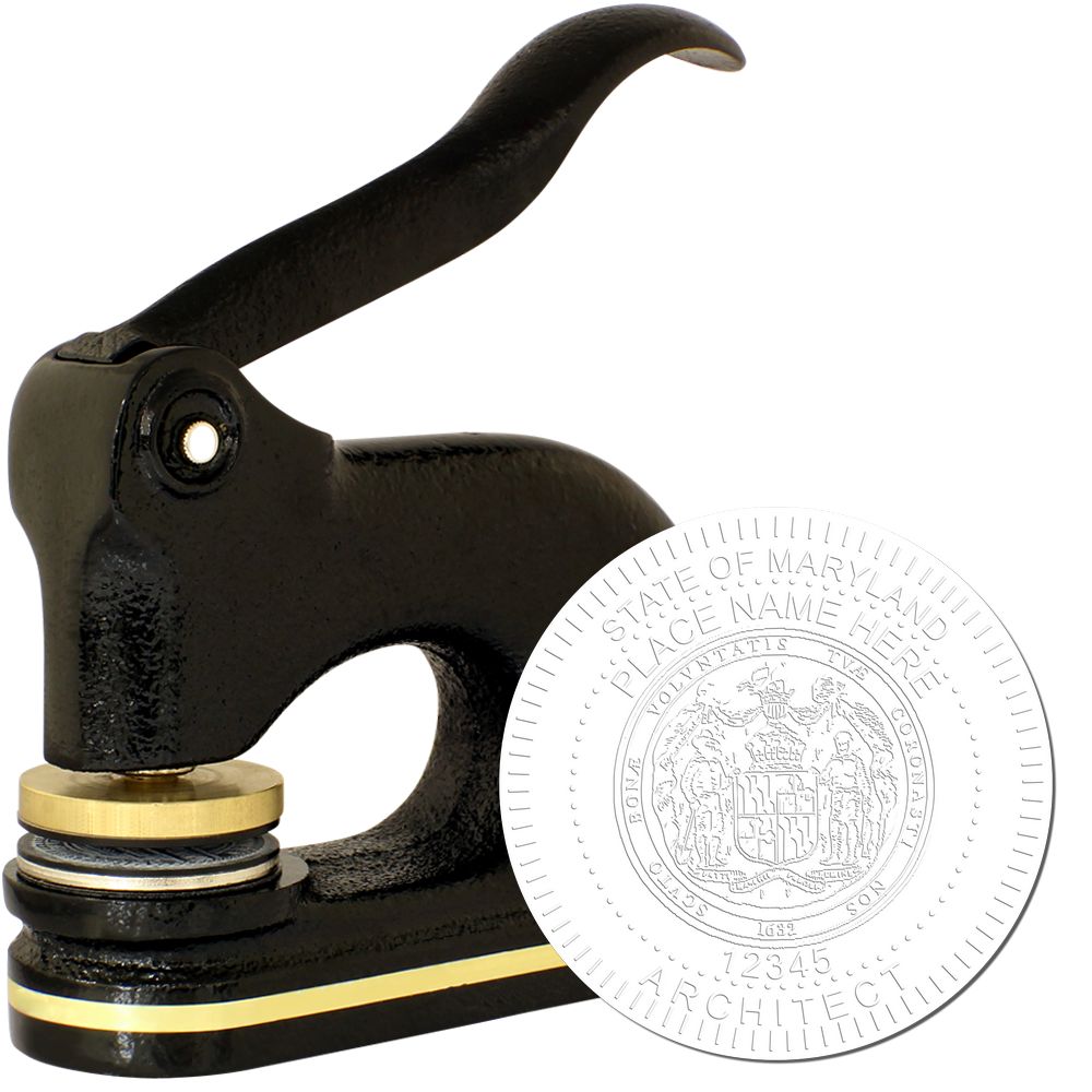 The main image for the Heavy Duty Cast Iron Maryland Architect Embosser depicting a sample of the imprint and electronic files