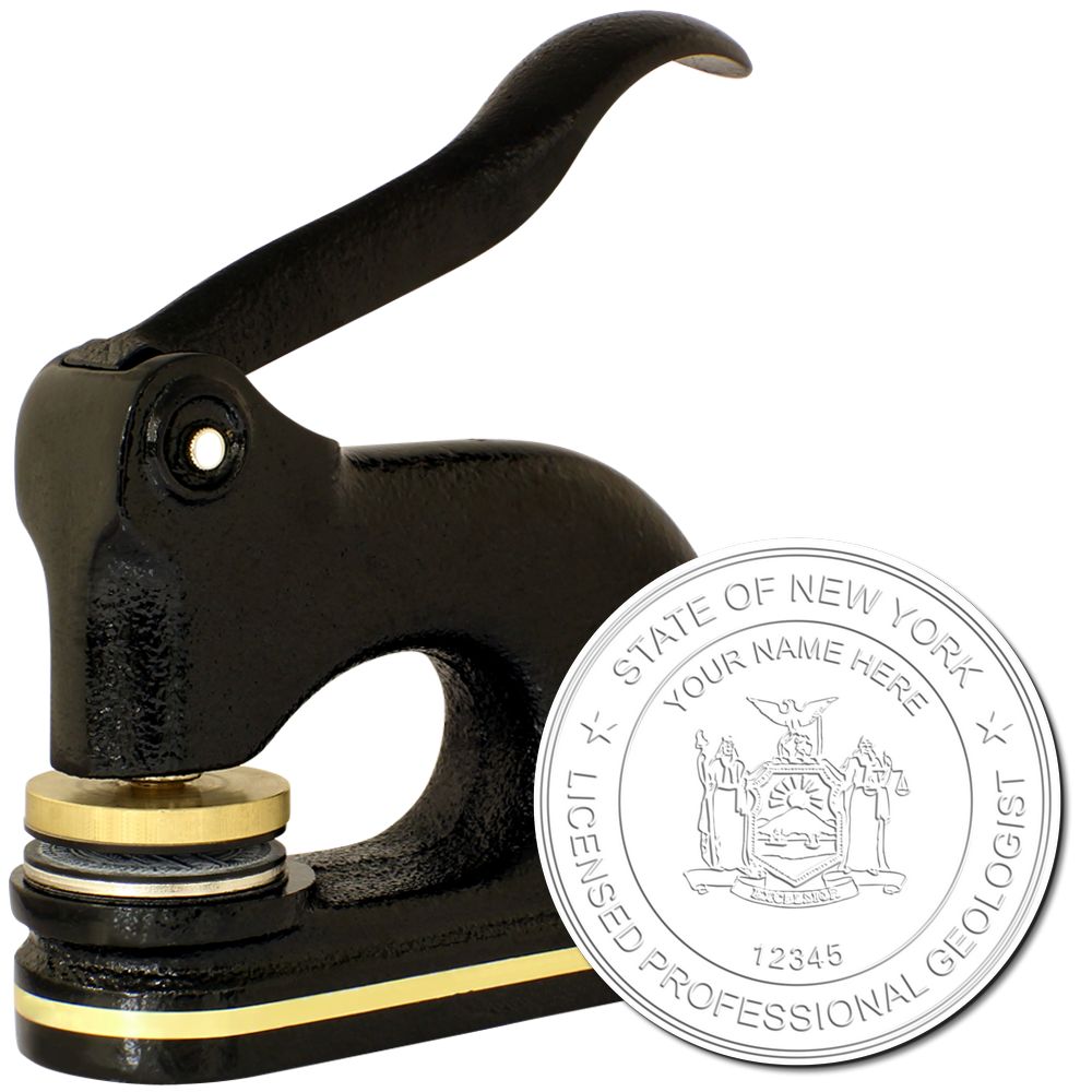 The main image for the Heavy Duty Cast Iron New York Geologist Seal Embosser depicting a sample of the imprint and imprint sample
