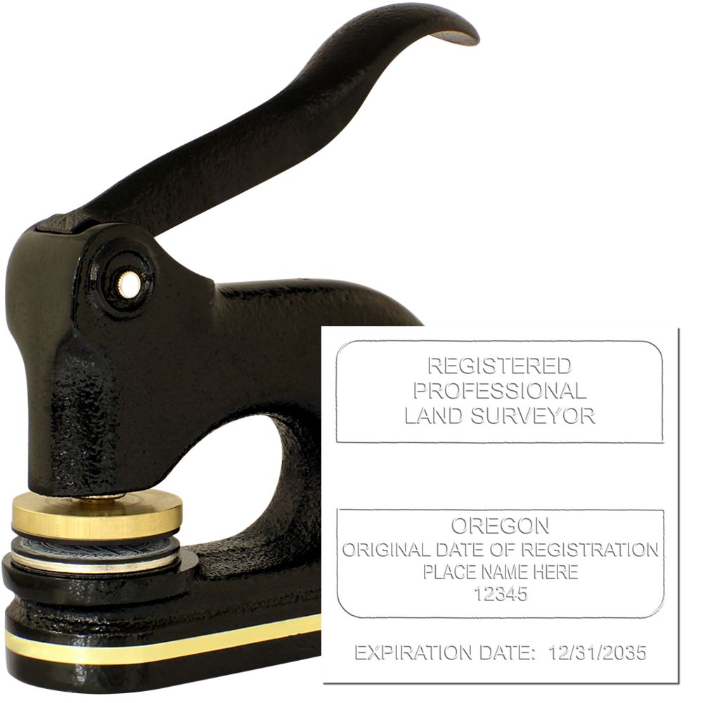 The main image for the Heavy Duty Cast Iron Oregon Land Surveyor Seal Embosser depicting a sample of the imprint and electronic files