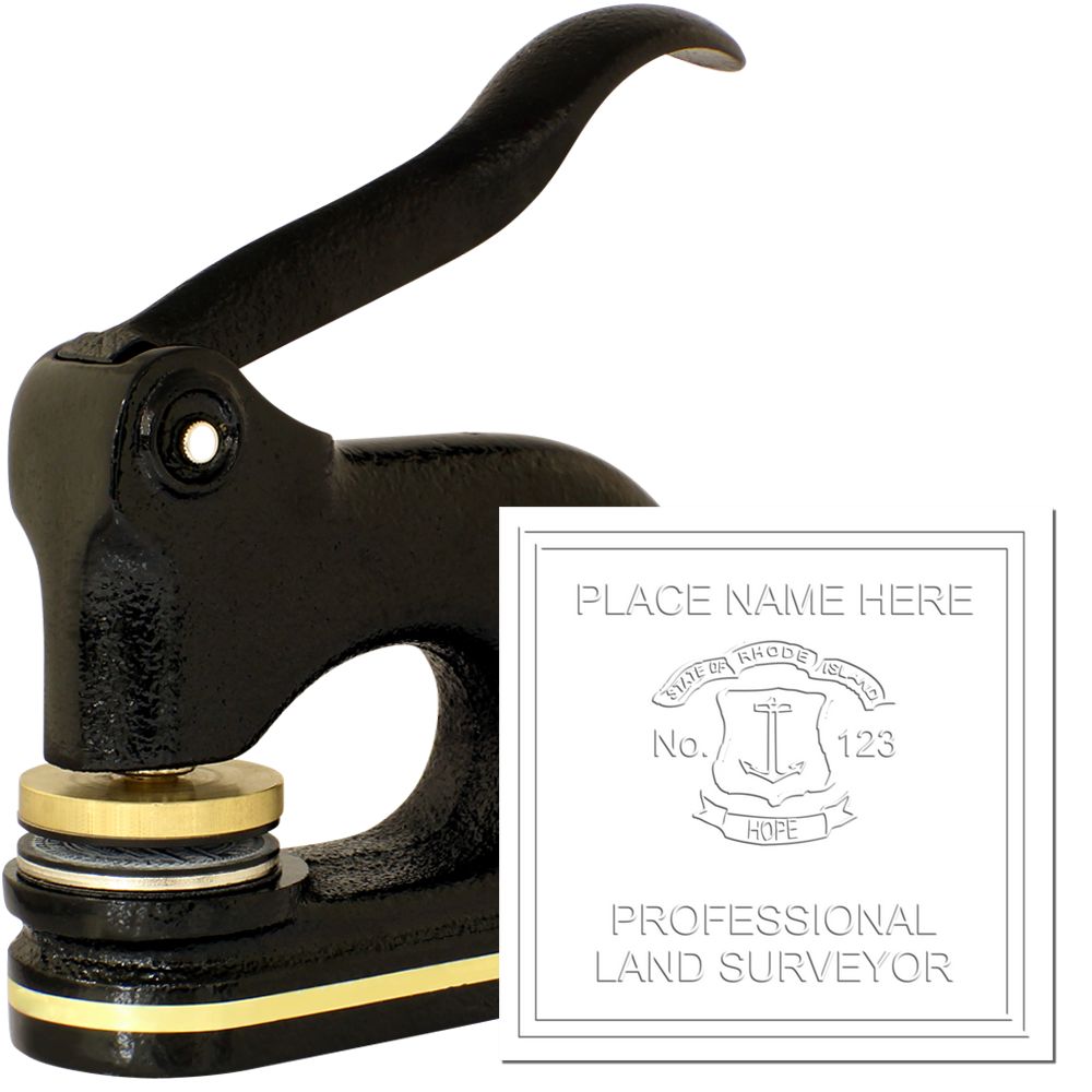 The main image for the Heavy Duty Cast Iron Rhode Island Land Surveyor Seal Embosser depicting a sample of the imprint and electronic files