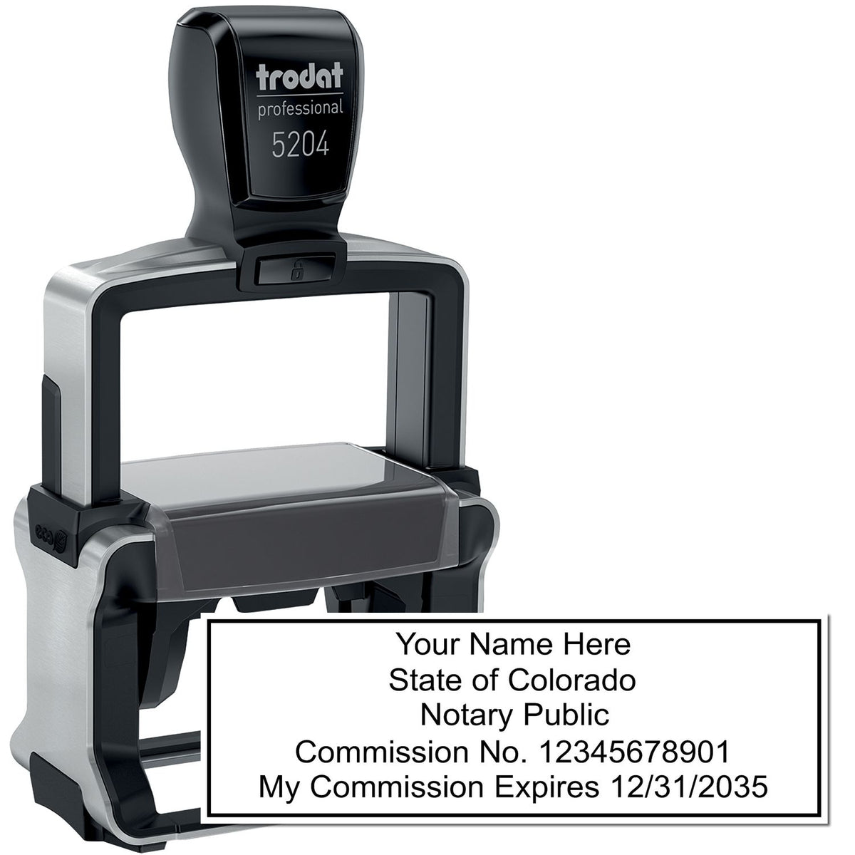 The main image for the Heavy-Duty Colorado Rectangular Notary Stamp depicting a sample of the imprint and electronic files