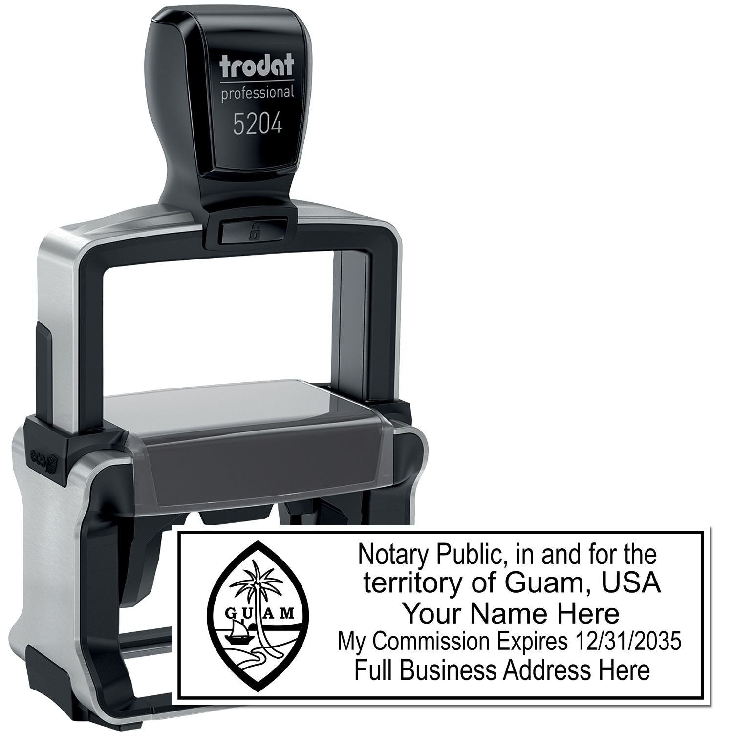 The main image for the Heavy-Duty Guam Rectangular Notary Stamp depicting a sample of the imprint and electronic files