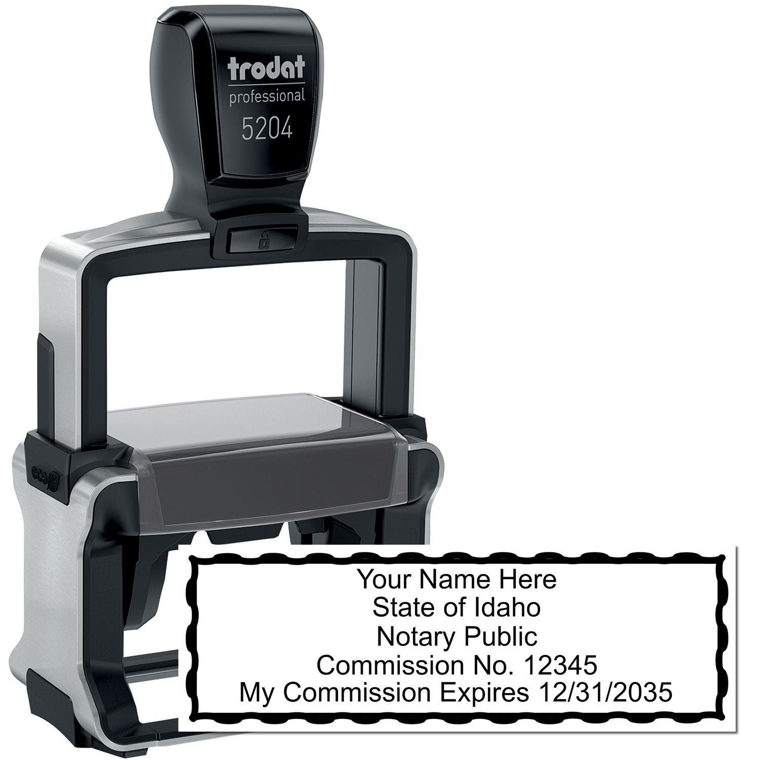 The main image for the Heavy-Duty Idaho Rectangular Notary Stamp depicting a sample of the imprint and electronic files
