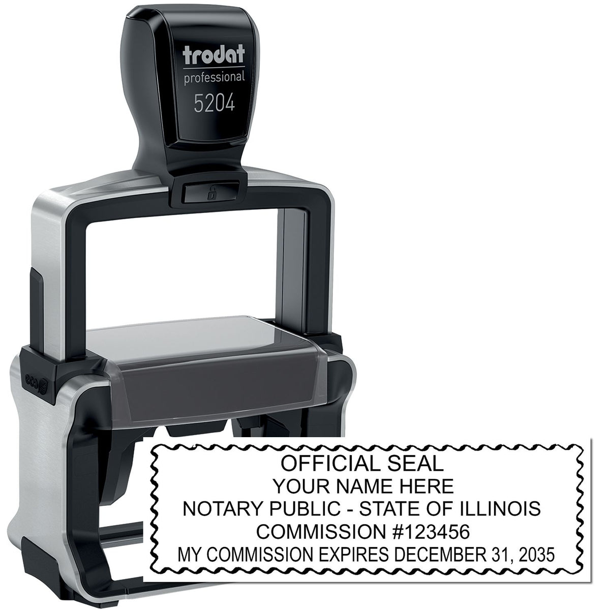 The main image for the Heavy-Duty Illinois Rectangular Notary Stamp depicting a sample of the imprint and electronic files