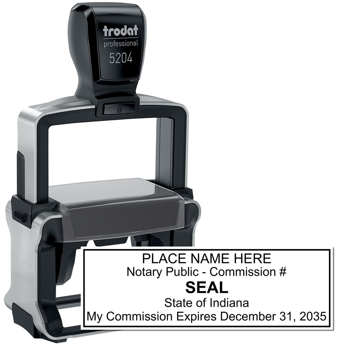 The main image for the Heavy-Duty Indiana Rectangular Notary Stamp depicting a sample of the imprint and electronic files