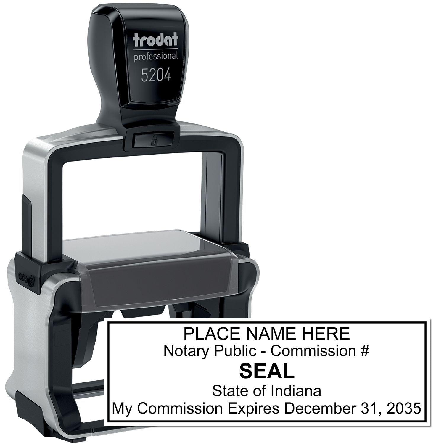 The main image for the Heavy-Duty Indiana Rectangular Notary Stamp depicting a sample of the imprint and electronic files