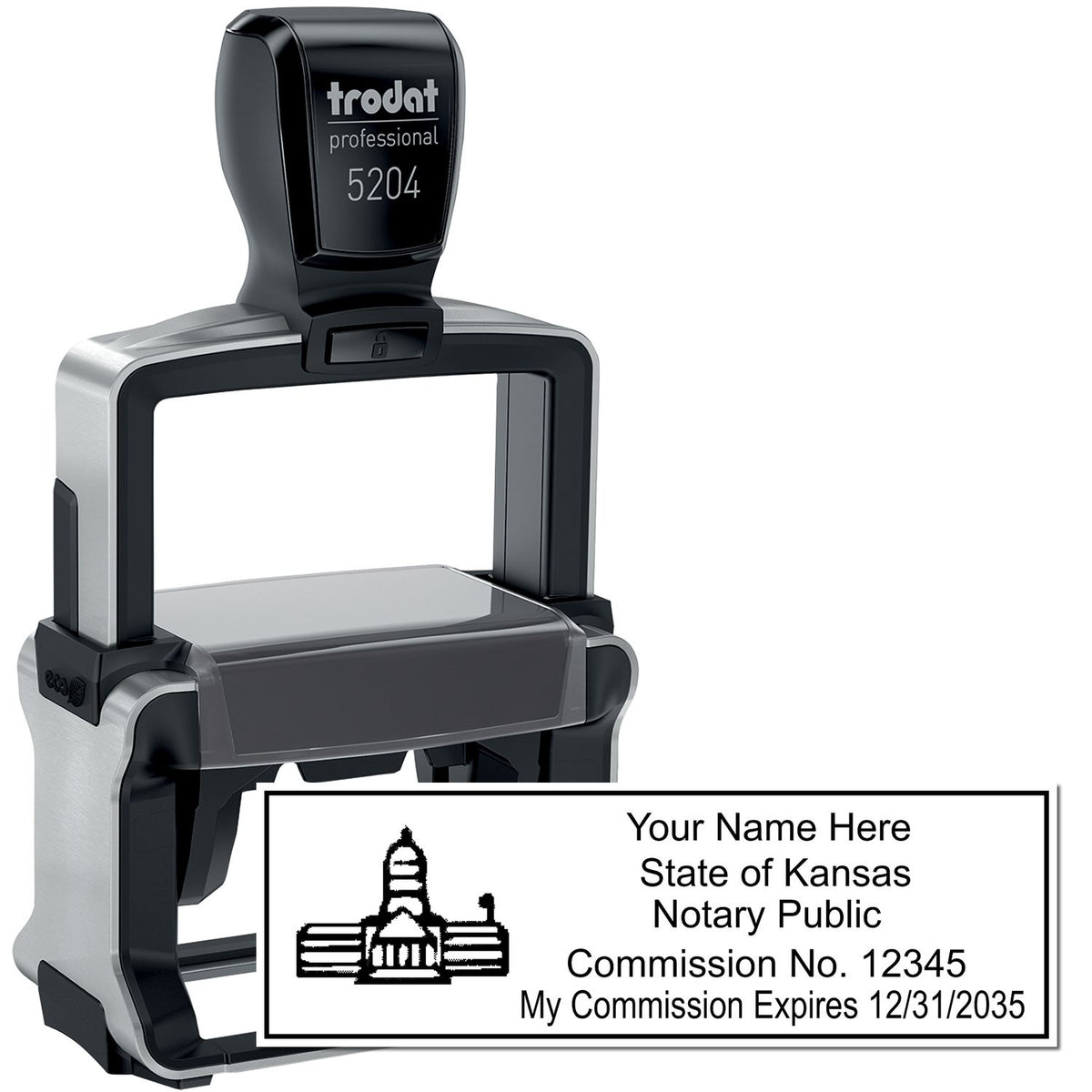 The main image for the Heavy-Duty Kansas Rectangular Notary Stamp depicting a sample of the imprint and electronic files