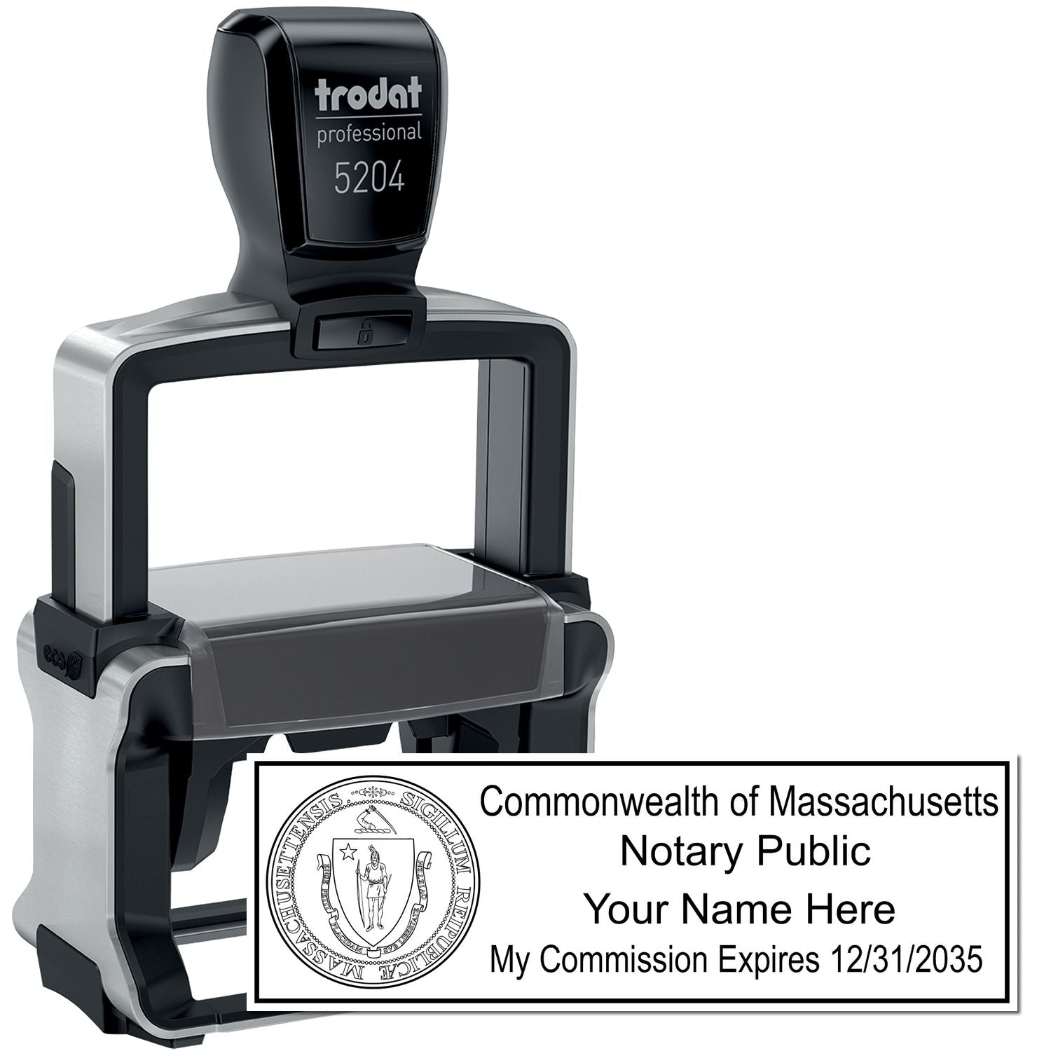 The main image for the Heavy-Duty Massachusetts Rectangular Notary Stamp depicting a sample of the imprint and electronic files