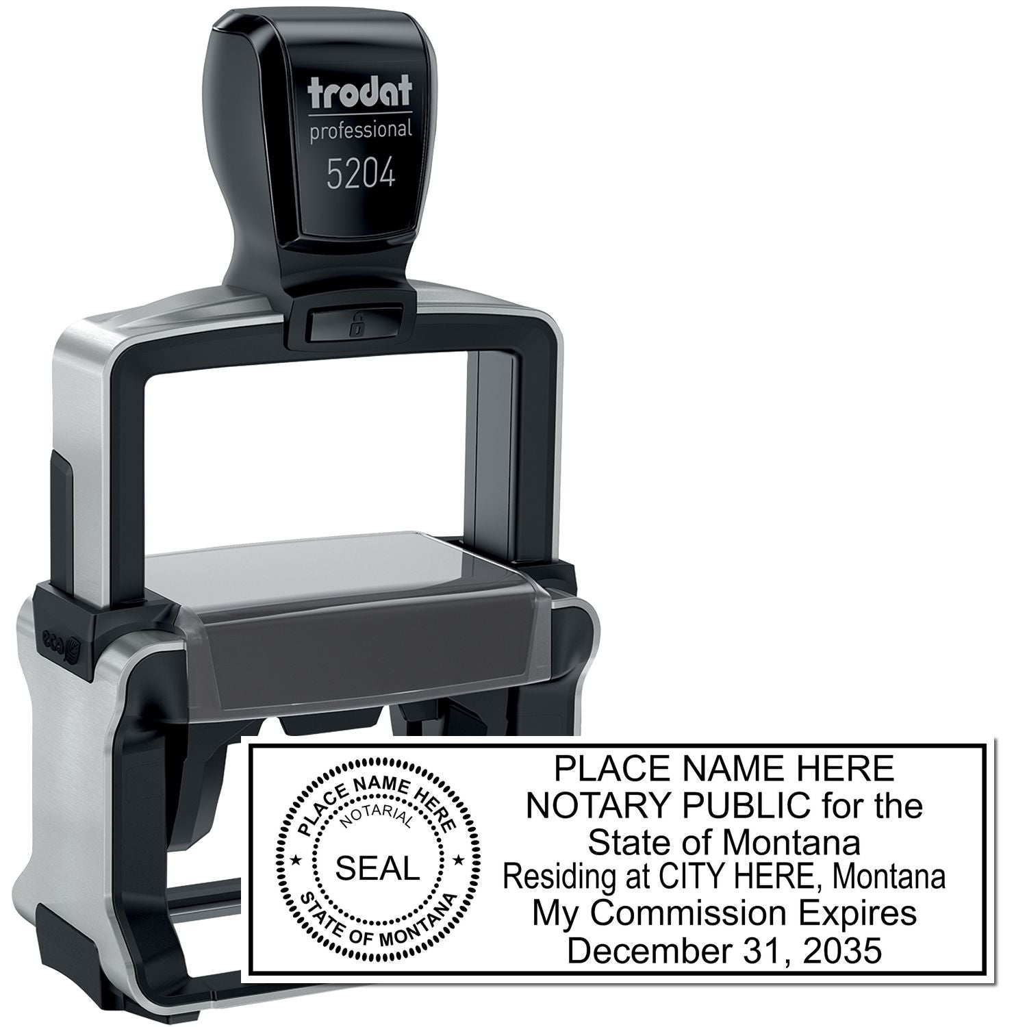 The main image for the Heavy-Duty Montana Rectangular Notary Stamp depicting a sample of the imprint and electronic files