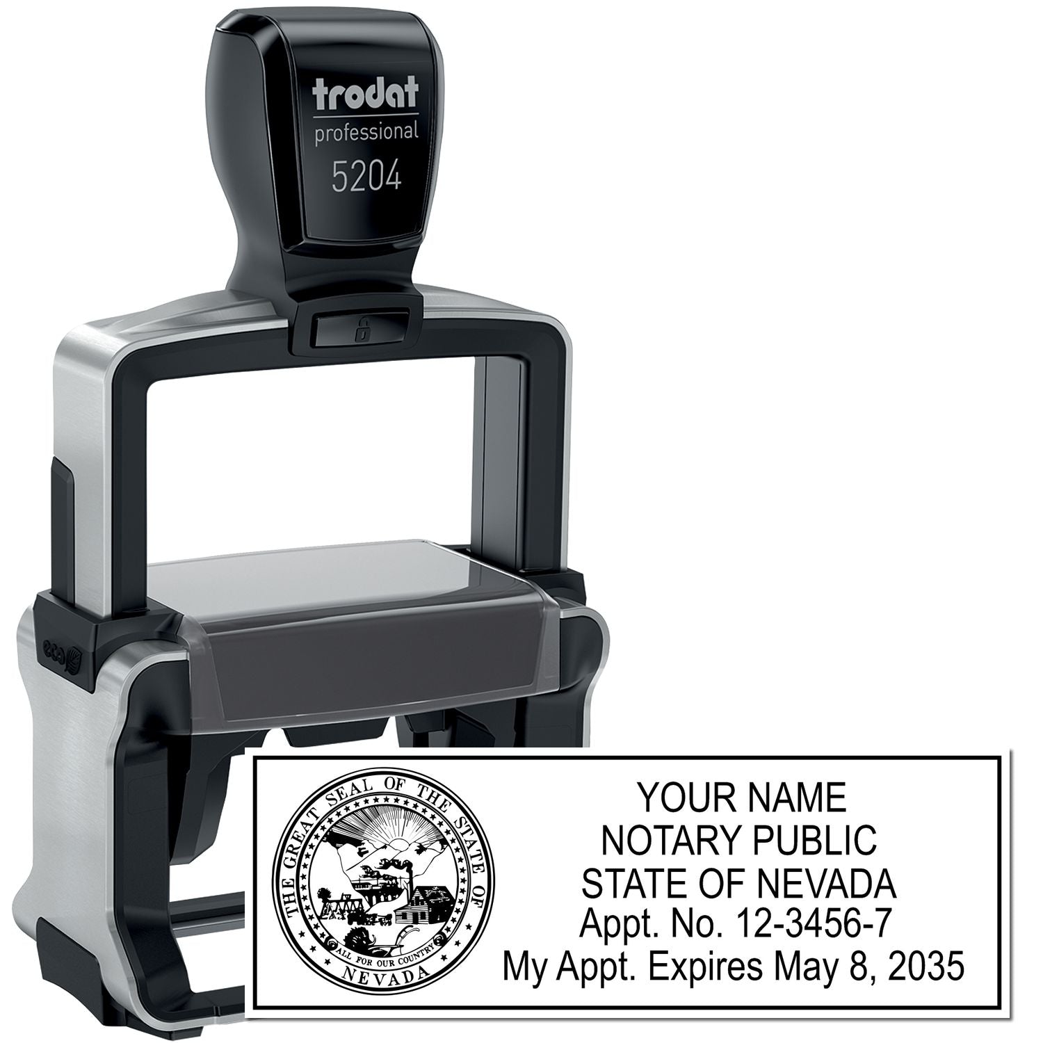 The main image for the Heavy-Duty Nevada Rectangular Notary Stamp depicting a sample of the imprint and electronic files
