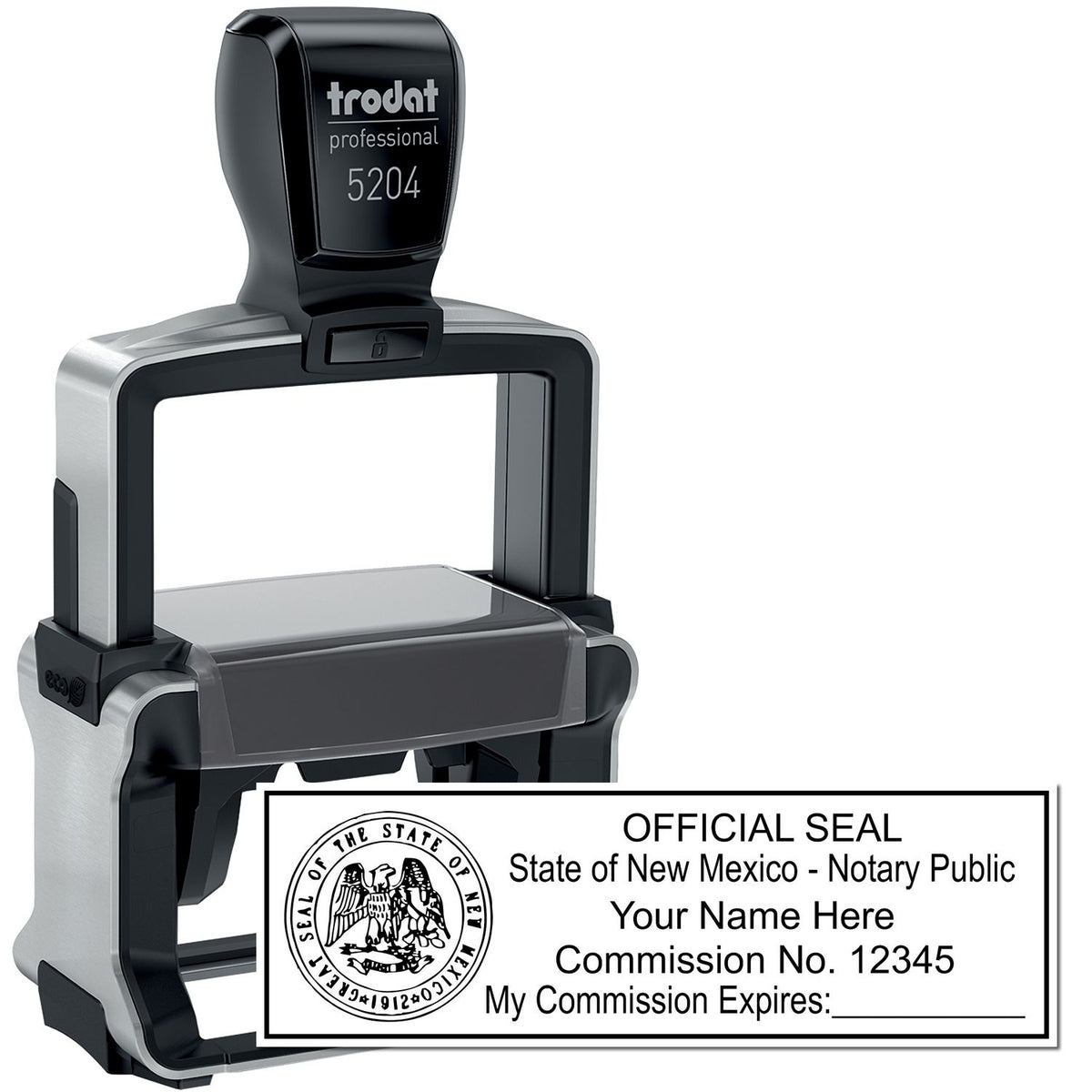 The main image for the Heavy-Duty New Mexico Rectangular Notary Stamp depicting a sample of the imprint and electronic files