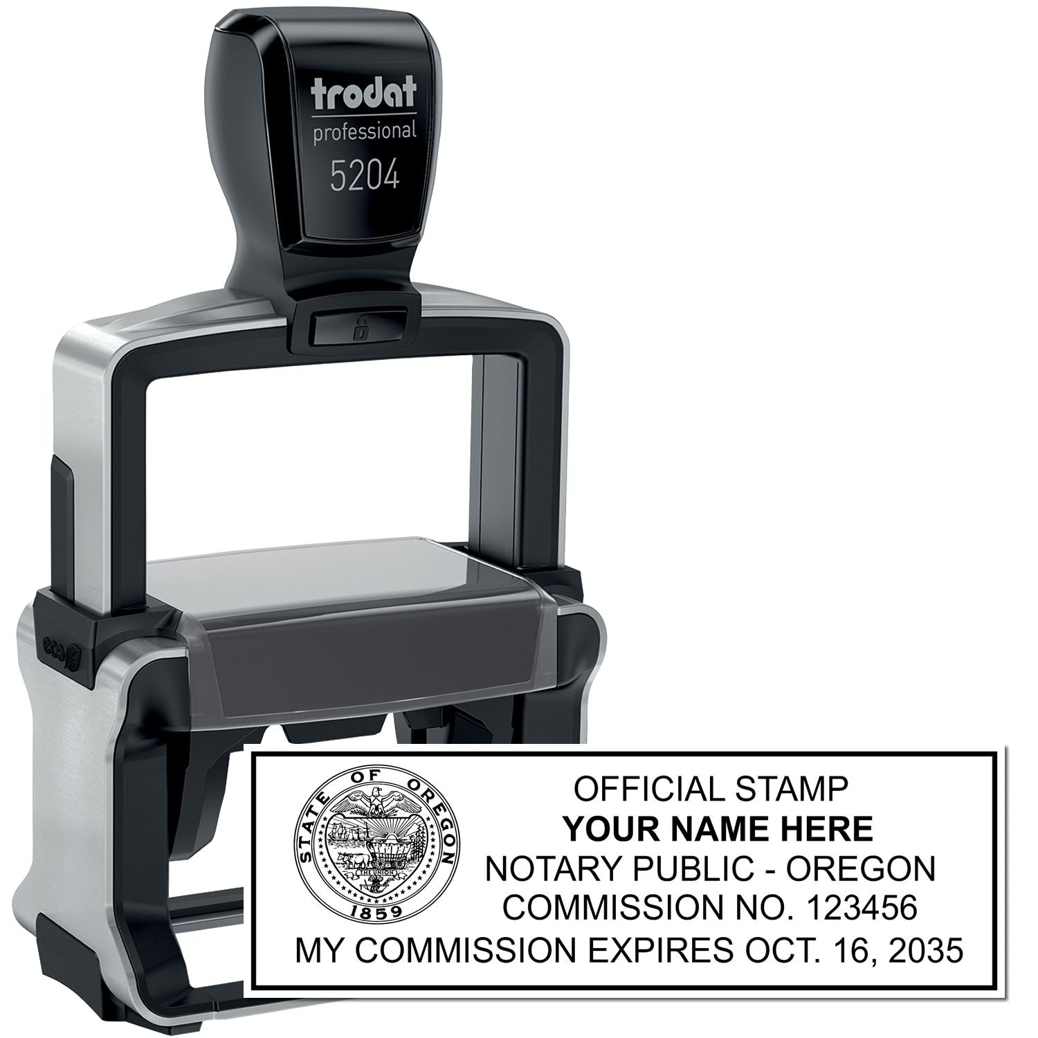 The main image for the Heavy-Duty Oregon Rectangular Notary Stamp depicting a sample of the imprint and electronic files
