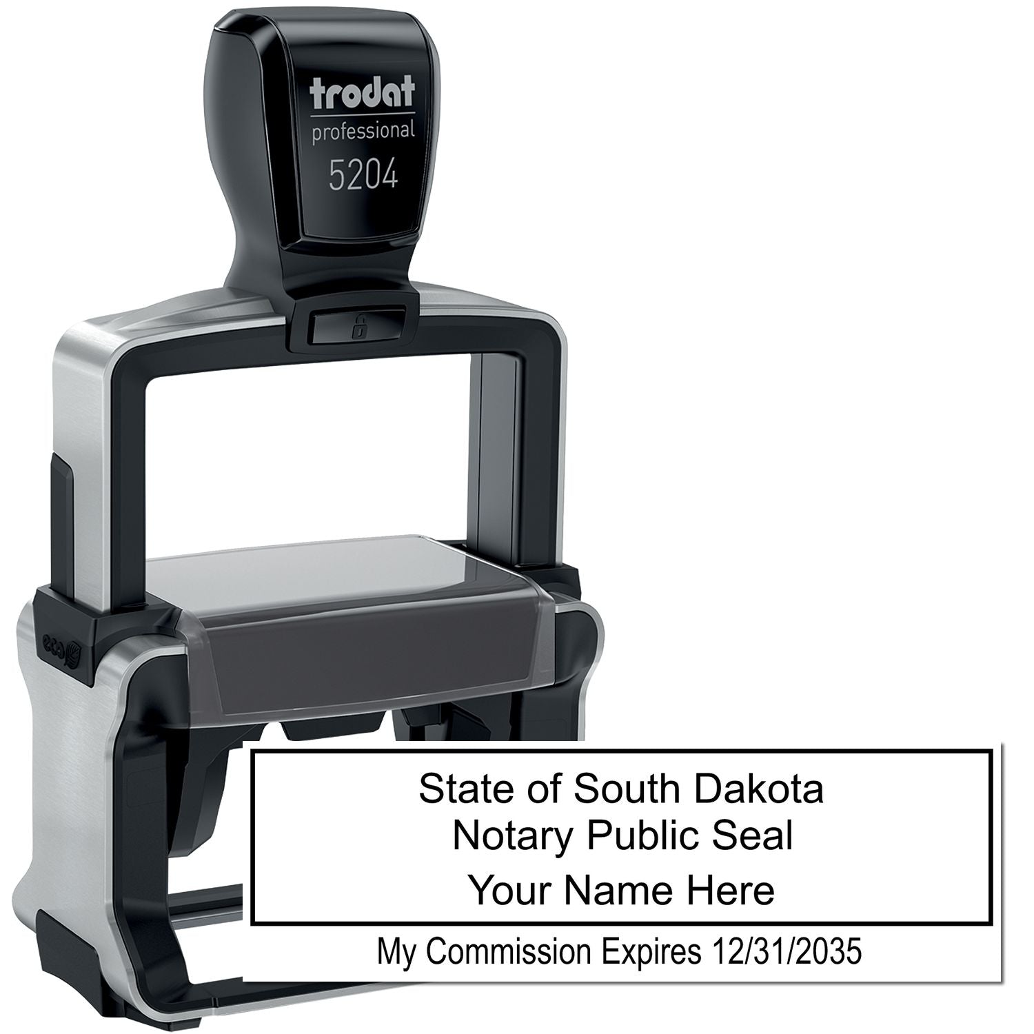 The main image for the Heavy-Duty South Dakota Rectangular Notary Stamp depicting a sample of the imprint and electronic files