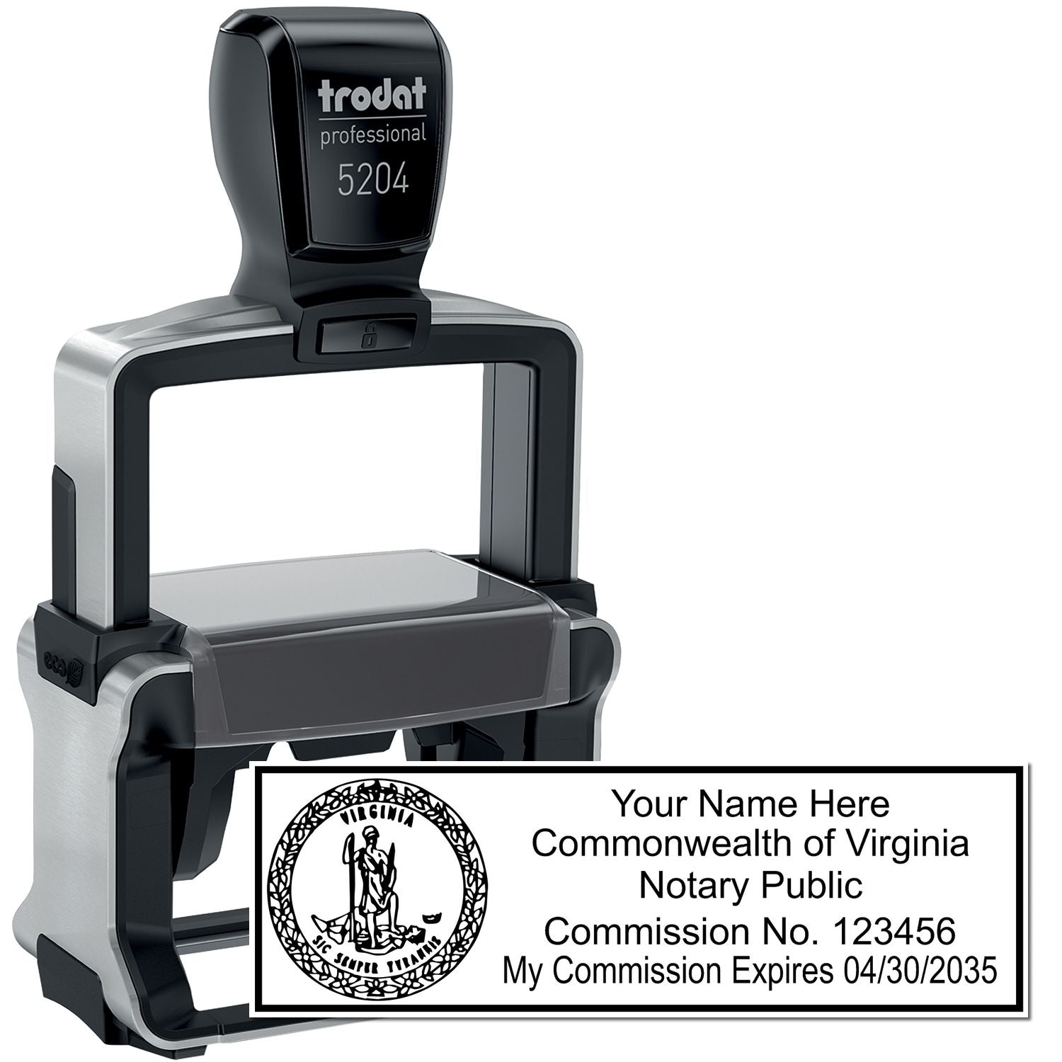 The main image for the Heavy-Duty Virginia Rectangular Notary Stamp depicting a sample of the imprint and electronic files