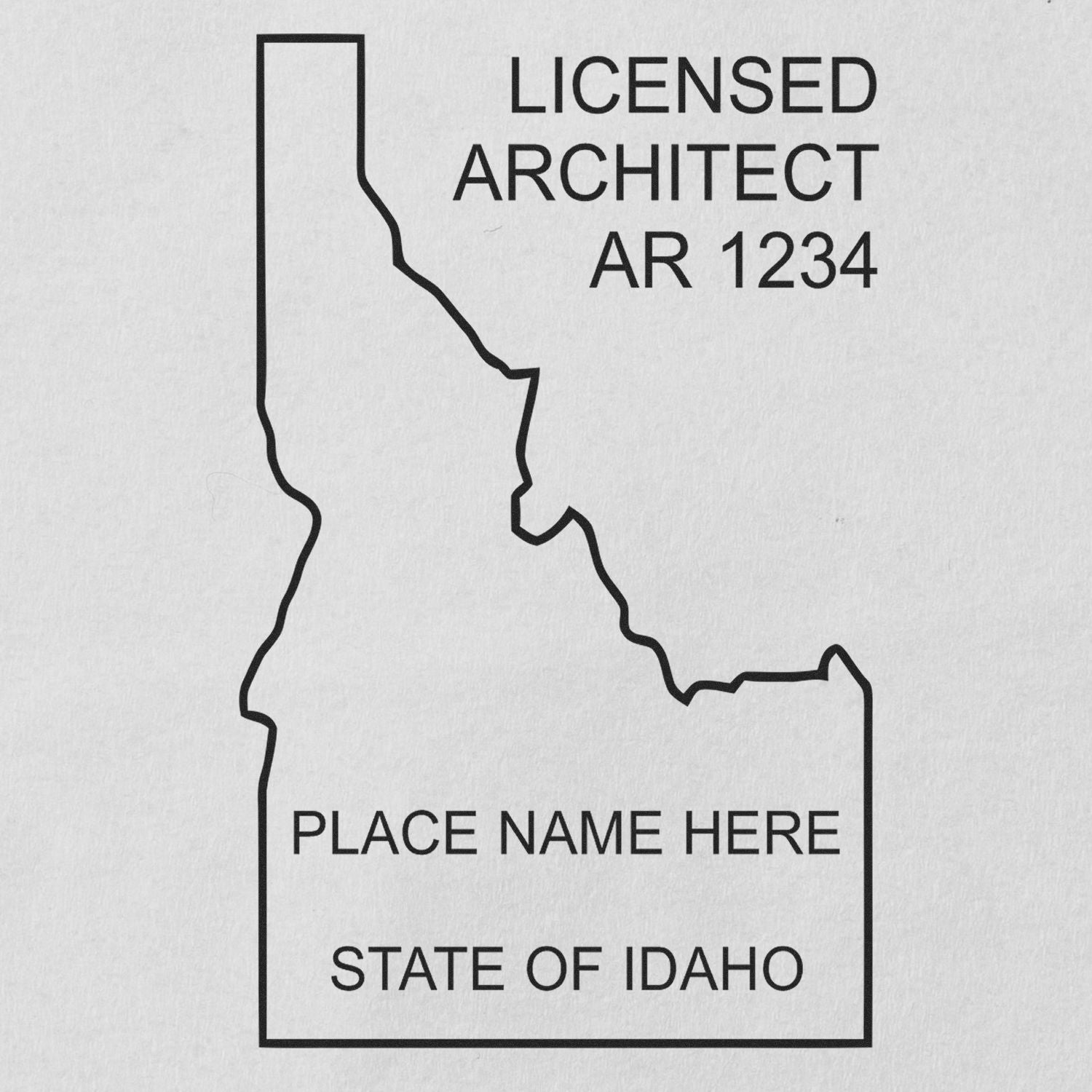 Self Inking Idaho Architect Stamp with outline of Idaho, text LICENSED ARCHITECT AR 1234 , PLACE NAME HERE , and STATE OF IDAHO .