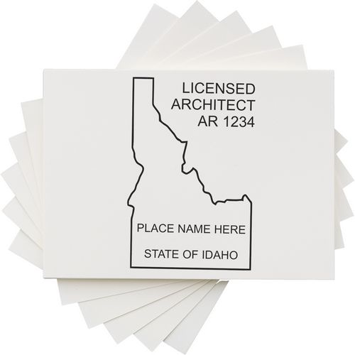 Idaho Architect Seal Stamp featuring the state outline and space for license number and name, with Licensed Architect text.