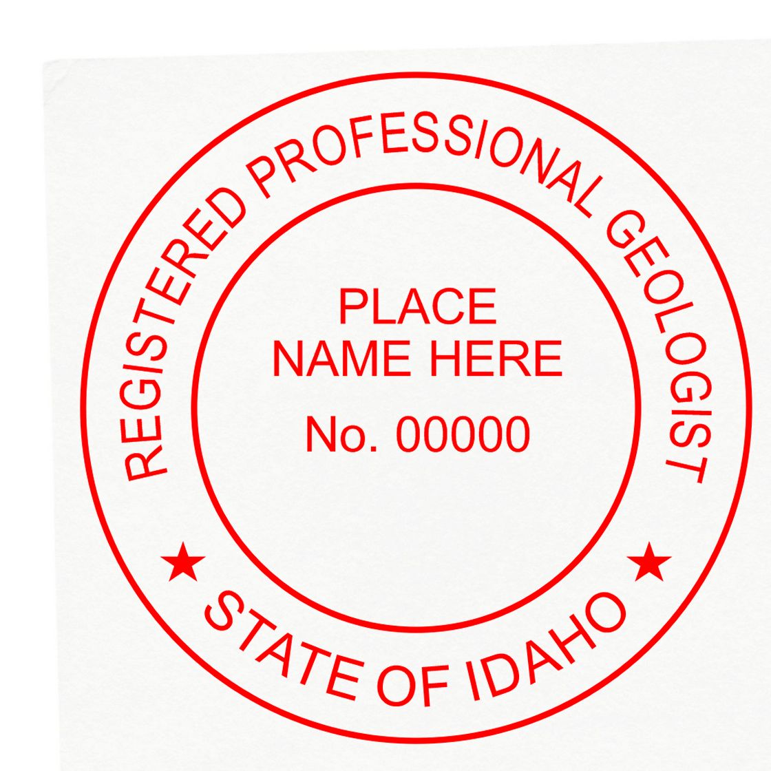 An in use photo of the Premium MaxLight Pre-Inked Idaho Geology Stamp showing a sample imprint on a cardstock