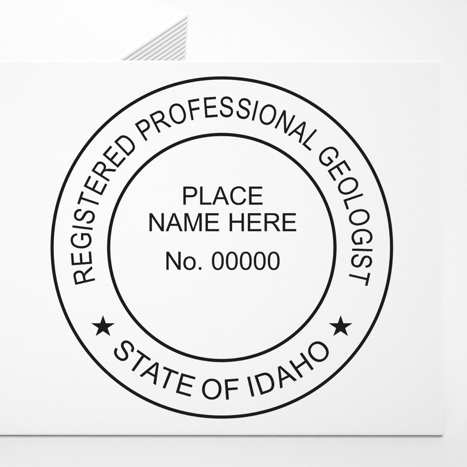 A photograph of the Slim Pre-Inked Idaho Professional Geologist Seal Stamp impression reveals a vivid, professional image of the on paper.