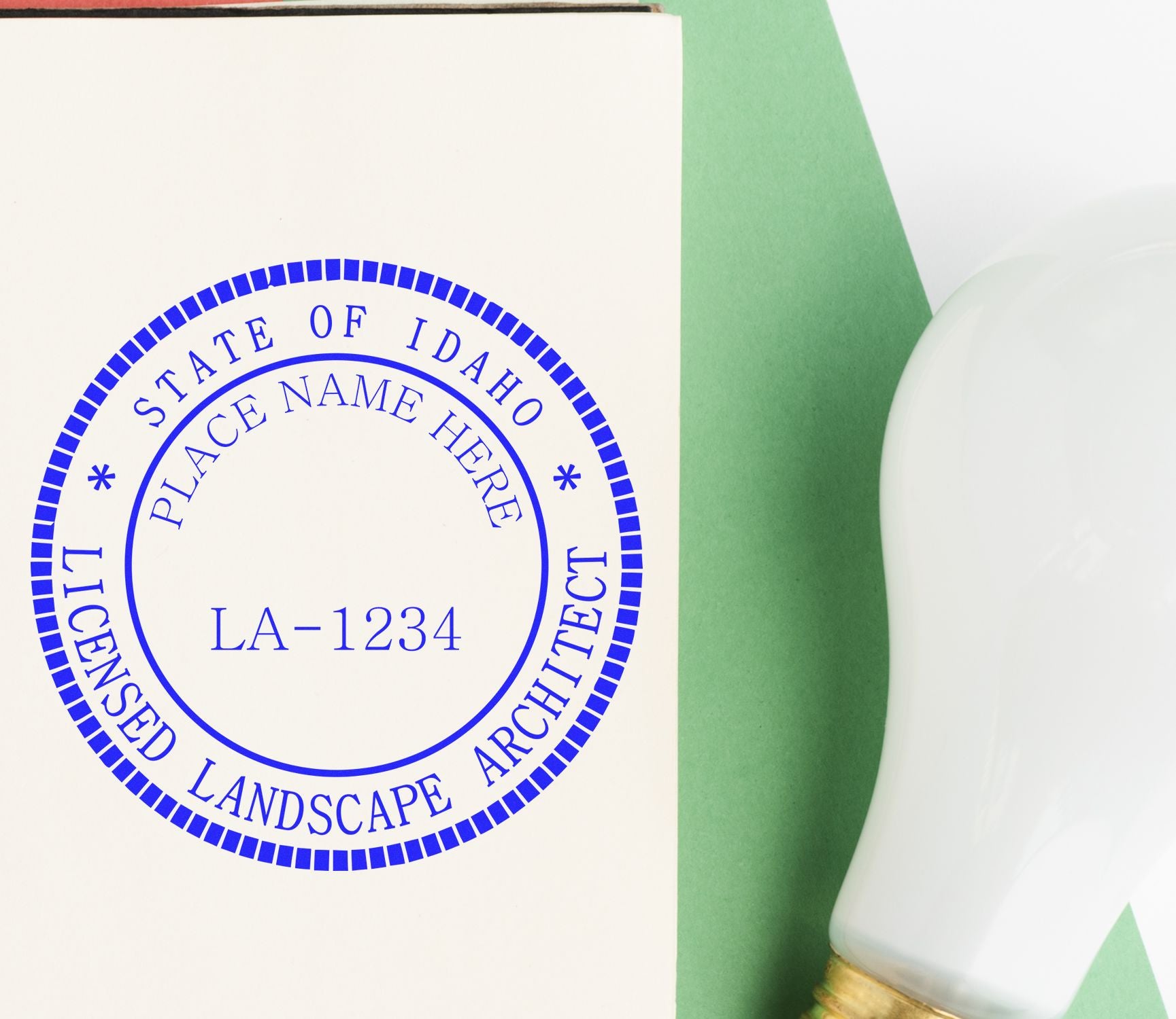 The main image for the Premium MaxLight Pre-Inked Idaho Landscape Architectural Stamp depicting a sample of the imprint and electronic files