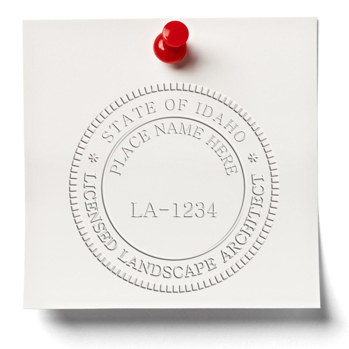A photograph of the Hybrid Idaho Landscape Architect Seal stamp impression reveals a vivid, professional image of the on paper.