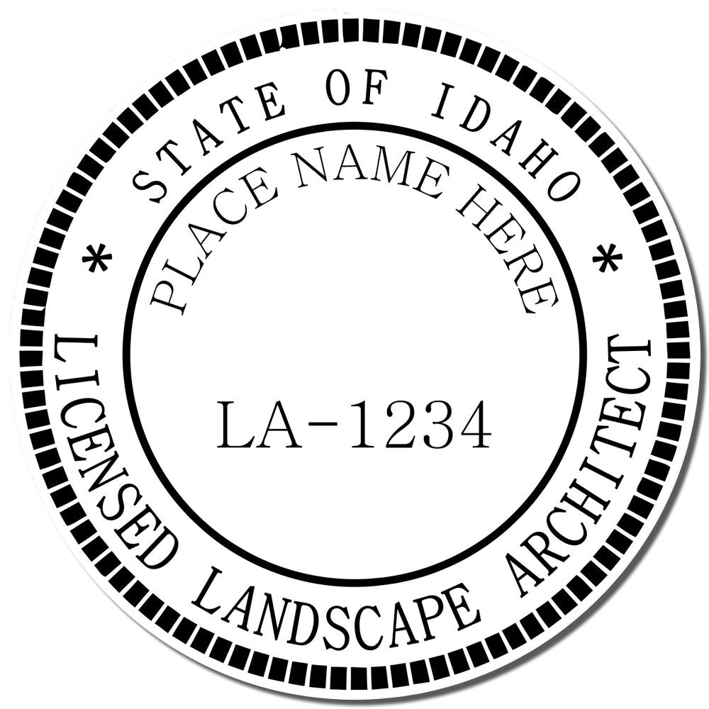 A lifestyle photo showing a stamped image of the Slim Pre-Inked Idaho Landscape Architect Seal Stamp on a piece of paper