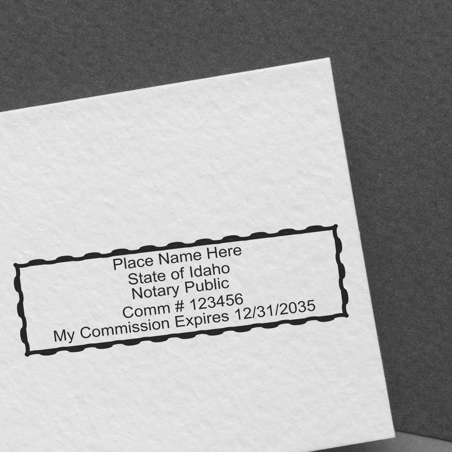 Idaho Rectangular Digital Notary Seal in use photo showing a stamped imprint of the Idaho Rectangular Digital Notary Seal