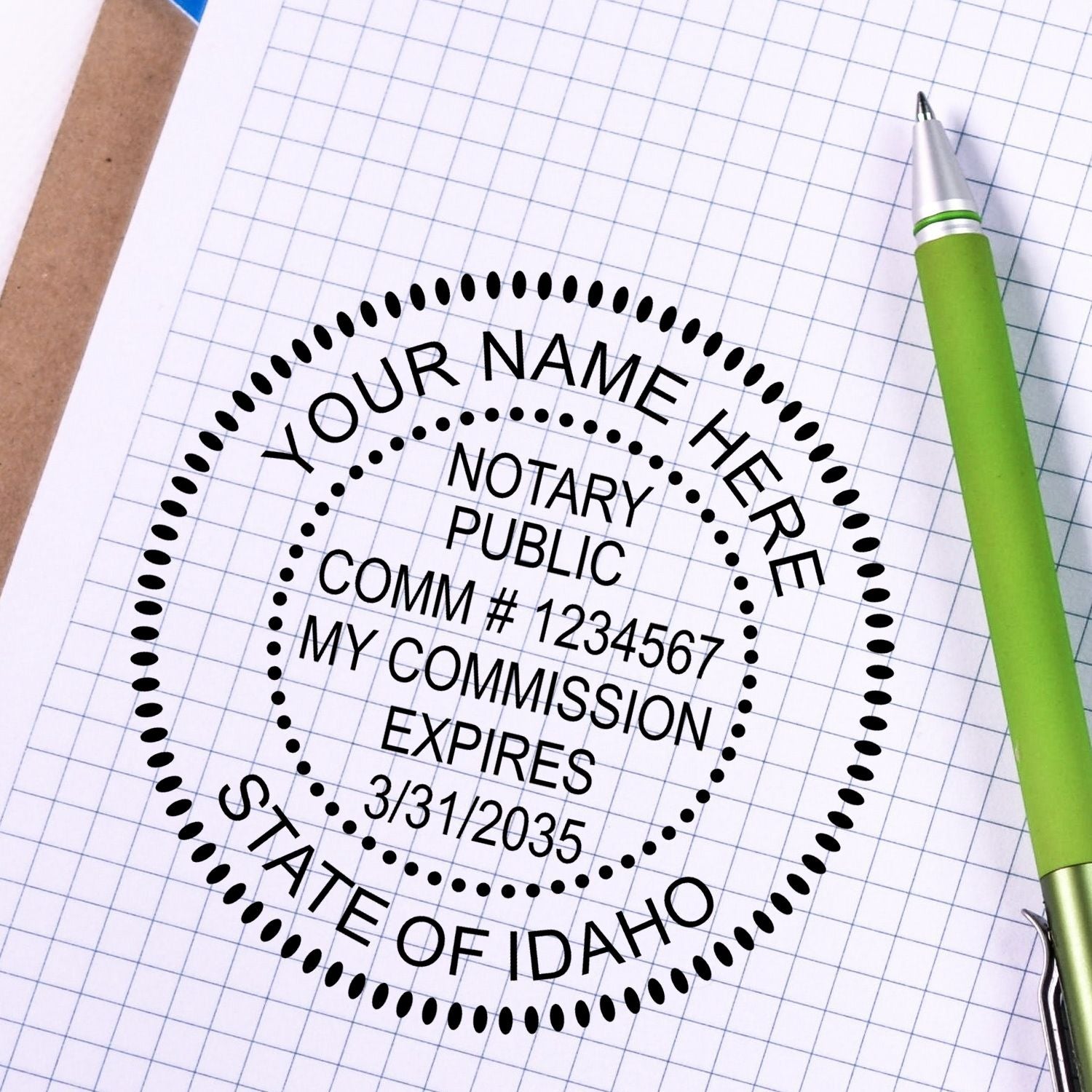 This paper is stamped with a sample imprint of the Official Self-Inking Idaho Notary Stamp, signifying its quality and reliability.