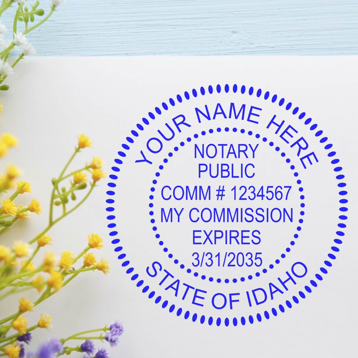 Another Example of a stamped impression of the Official Self-Inking Idaho Notary Stamp on a piece of office paper.