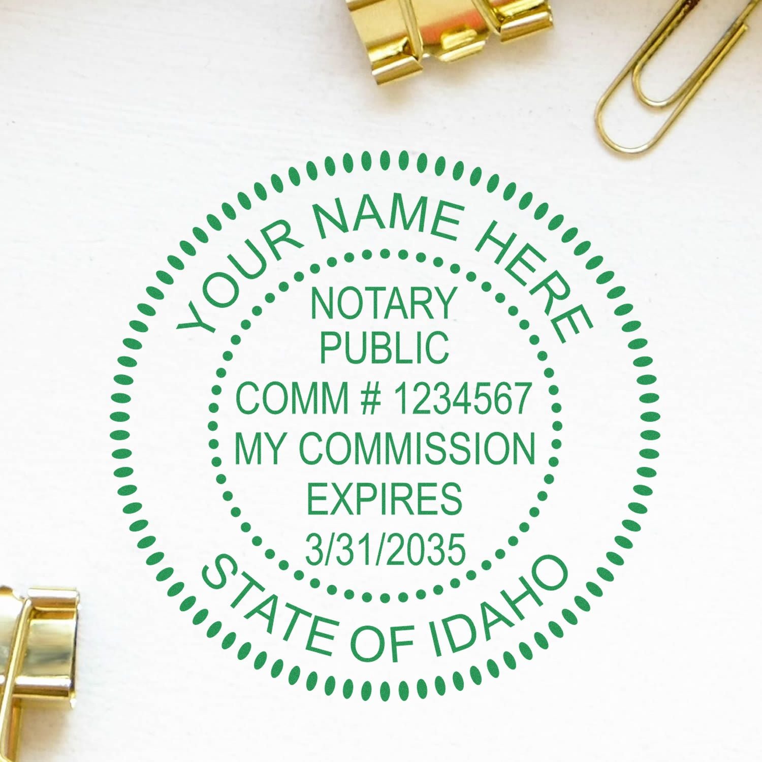A photograph of the Official Self-Inking Idaho Notary Stamp stamp impression reveals a vivid, professional image of the on paper.