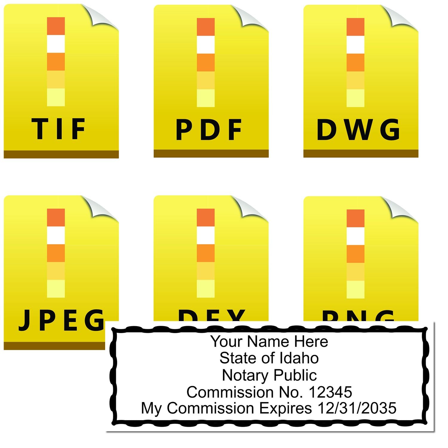 The main image for the Idaho Rectangular Digital Notary Seal depicting a sample of the imprint and electronic files