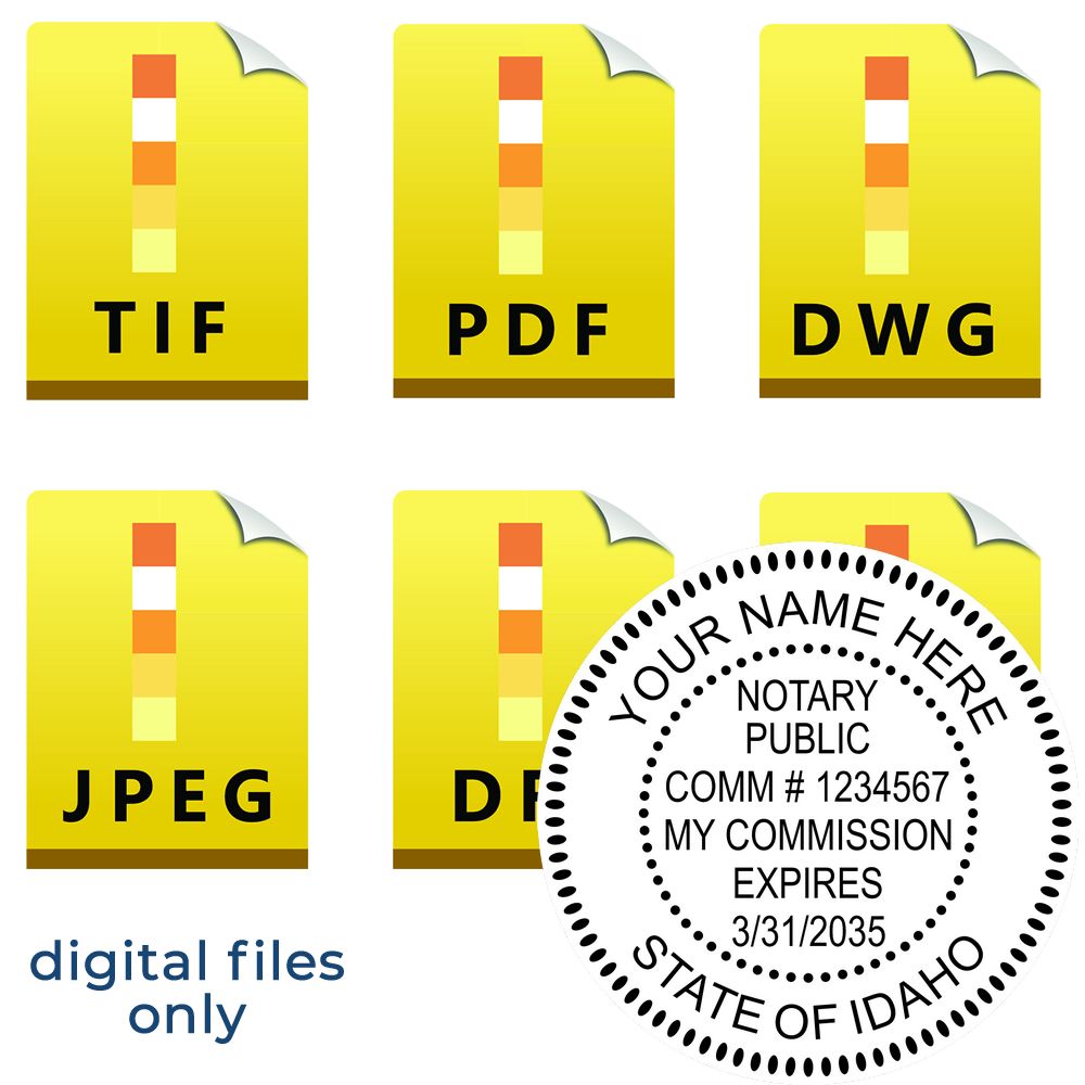 The main image for the Idaho Round Electronic Notary Stamp depicting a sample of the imprint and electronic files