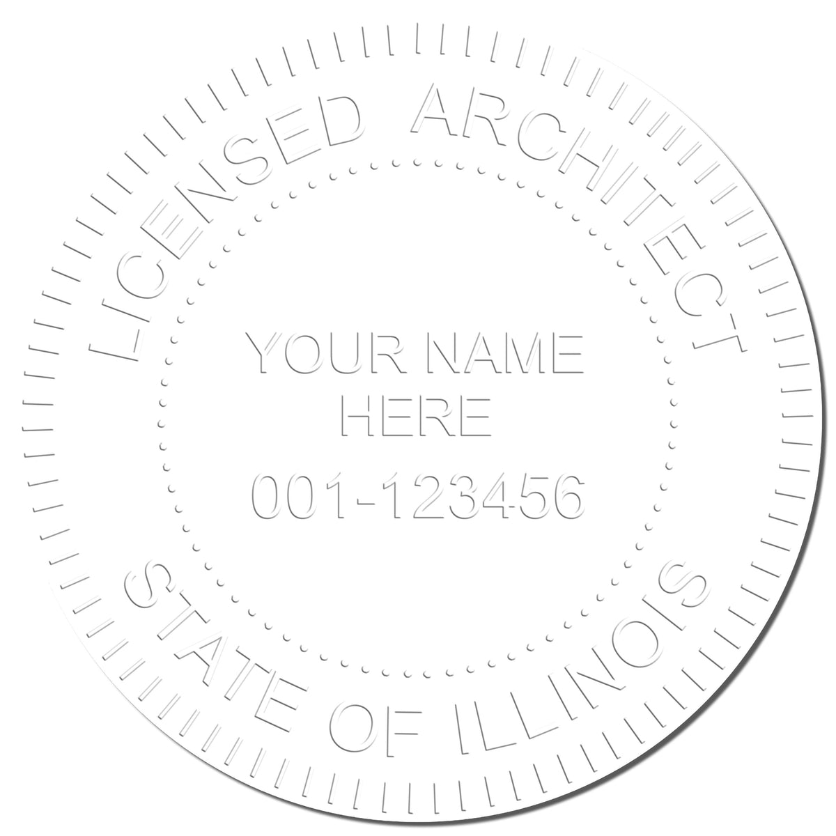 A photograph of the Illinois Desk Architect Embossing Seal stamp impression reveals a vivid, professional image of the on paper.