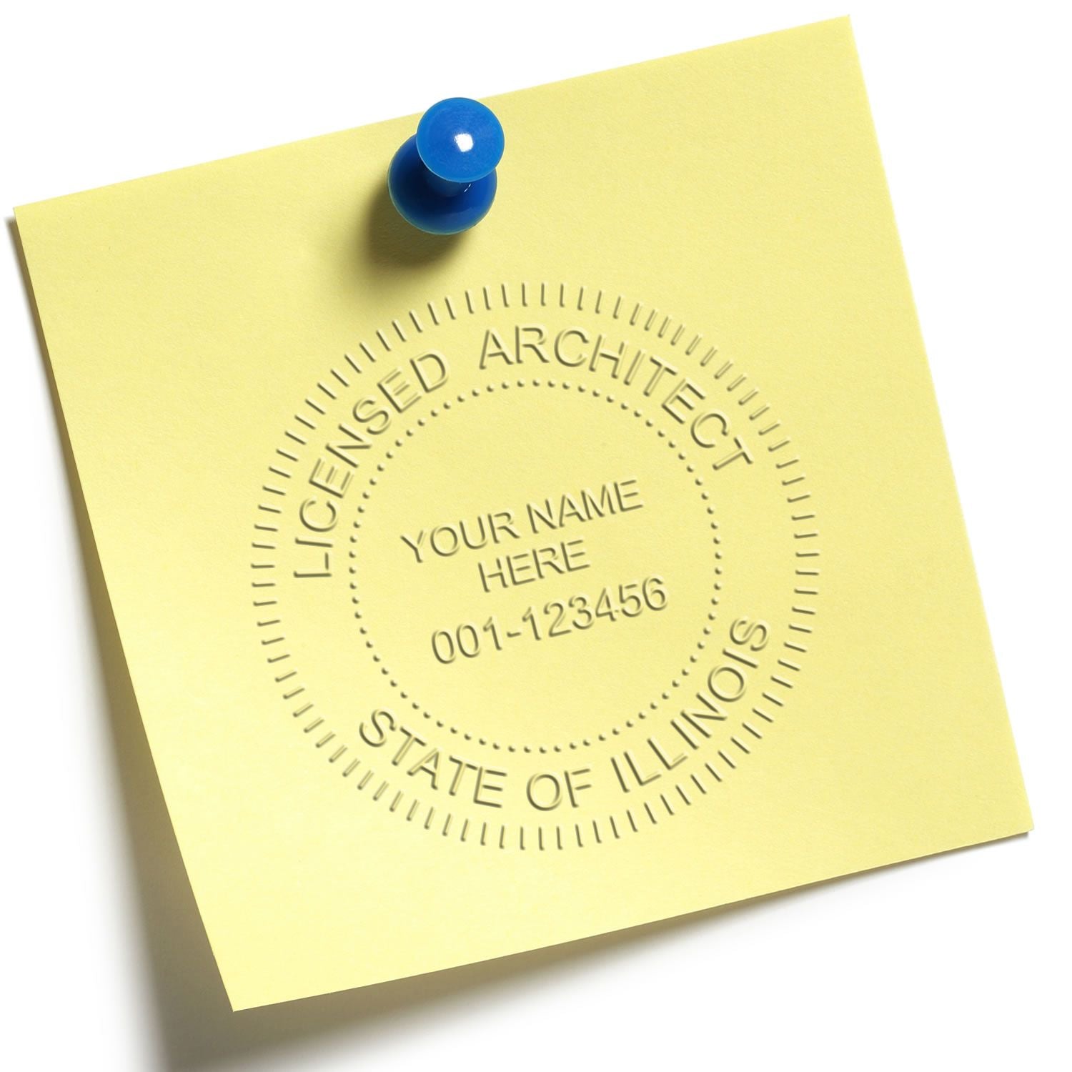 This paper is stamped with a sample imprint of the Handheld Illinois Architect Seal Embosser, signifying its quality and reliability.