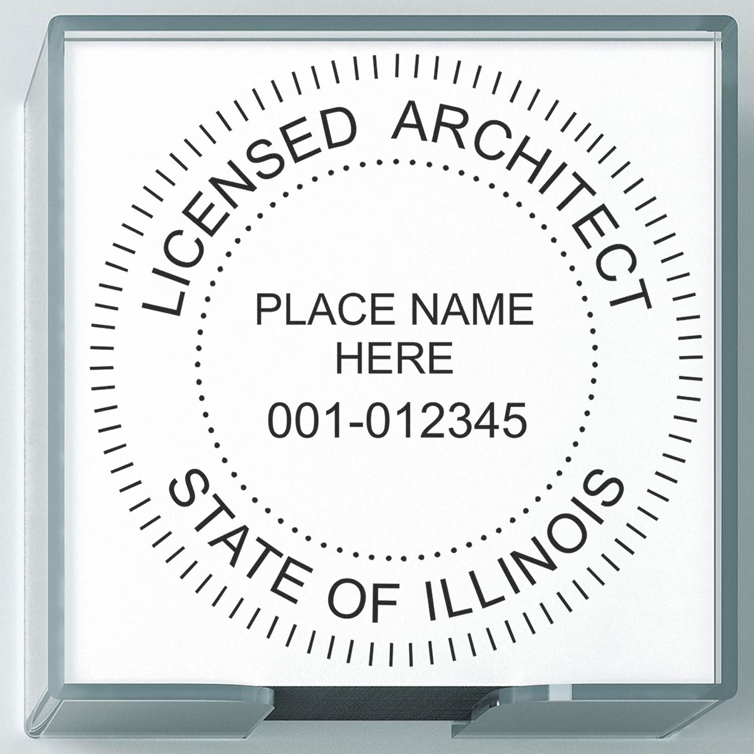 Digital Illinois Architect Stamp, Electronic Seal for Illinois Architect, displaying Licensed Architect, State of Illinois with placeholder text.