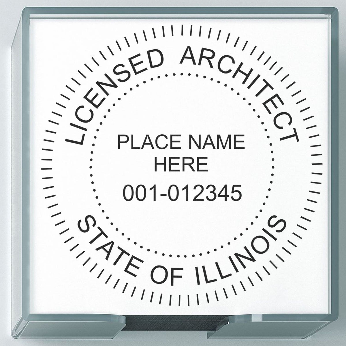 Slim Pre-Inked Illinois Architect Seal Stamp in use photo showing a stamped imprint of the Slim Pre-Inked Illinois Architect Seal Stamp