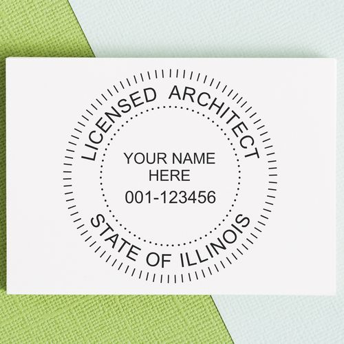 Self Inking Illinois Architect Stamp with customizable text for licensed architects in Illinois, displayed on a textured background.