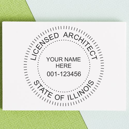 A lifestyle photo showing a stamped image of the Slim Pre-Inked Illinois Architect Seal Stamp on a piece of paper