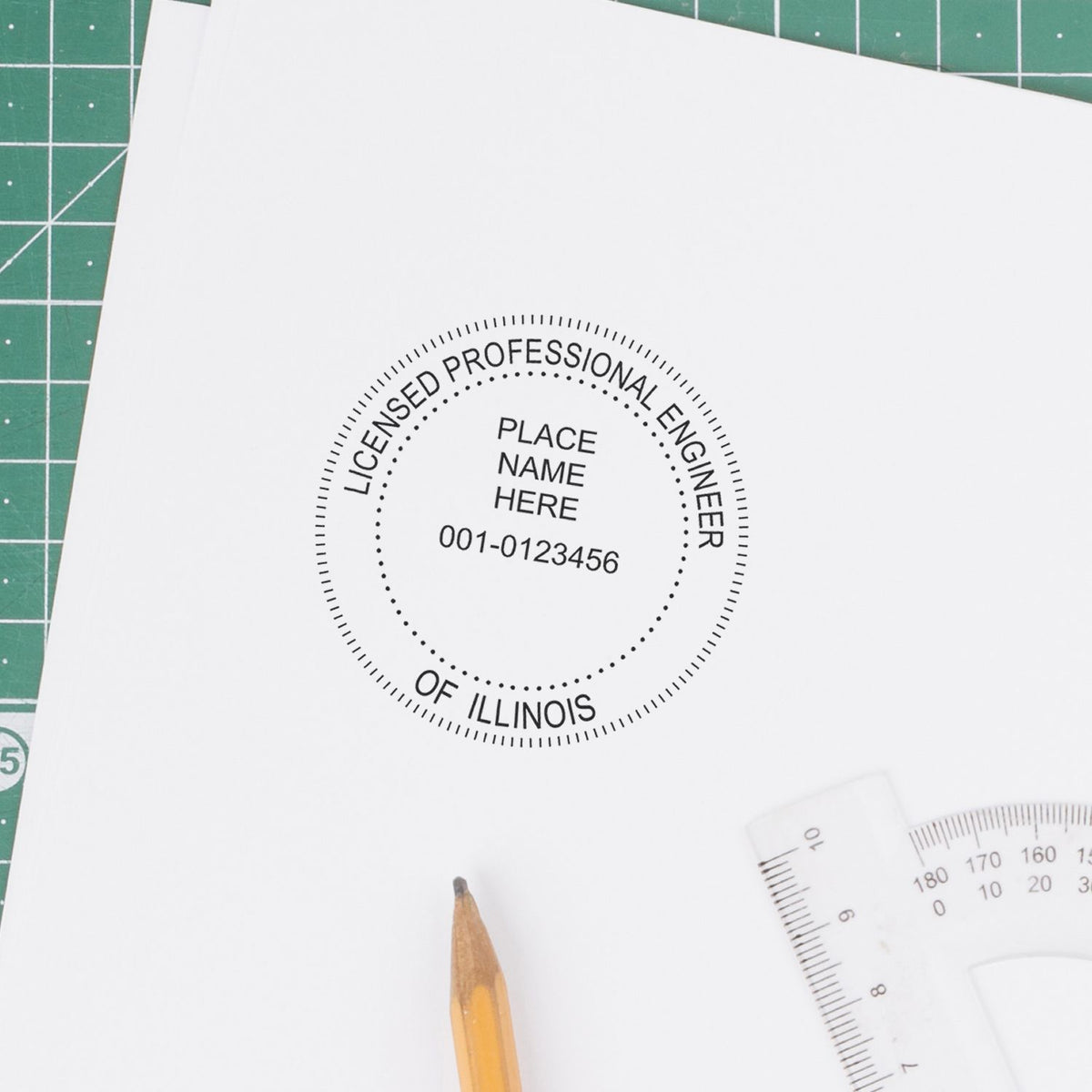 Another Example of a stamped impression of the Digital Illinois PE Stamp and Electronic Seal for Illinois Engineer on a piece of office paper.
