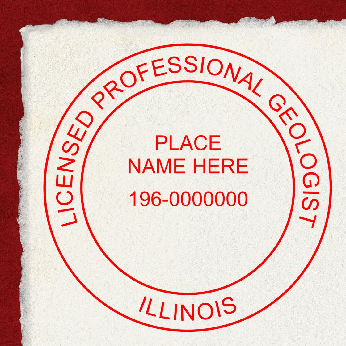 A lifestyle photo showing a stamped image of the Illinois Professional Geologist Seal Stamp on a piece of paper