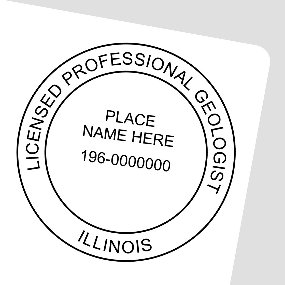 A lifestyle photo showing a stamped image of the Slim Pre-Inked Illinois Professional Geologist Seal Stamp on a piece of paper