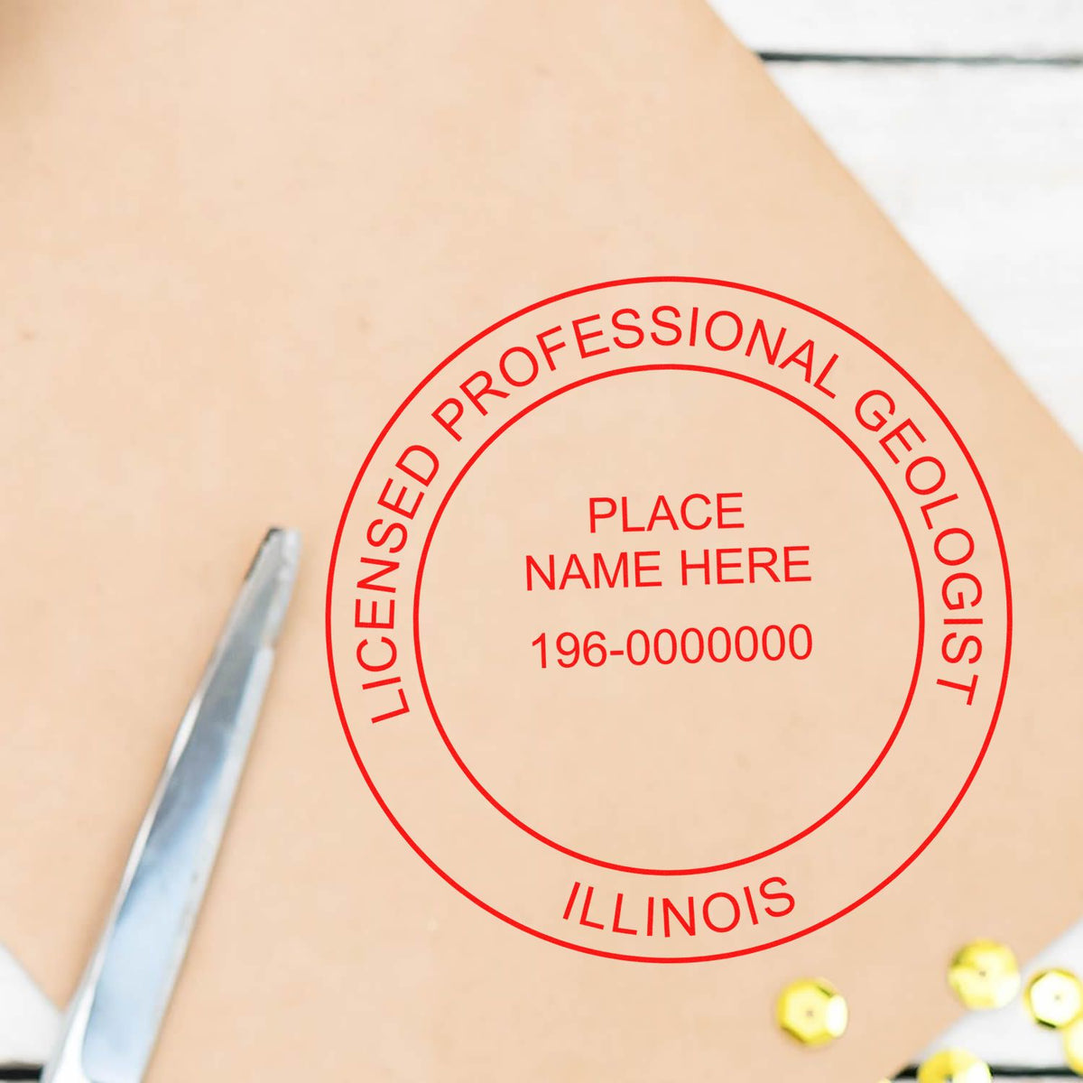 An in use photo of the Illinois Professional Geologist Seal Stamp showing a sample imprint on a cardstock