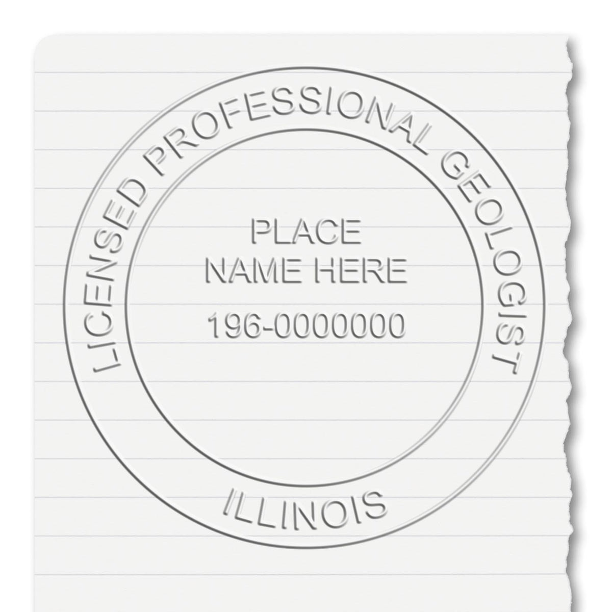 An in use photo of the State of Illinois Extended Long Reach Geologist Seal showing a sample imprint on a cardstock