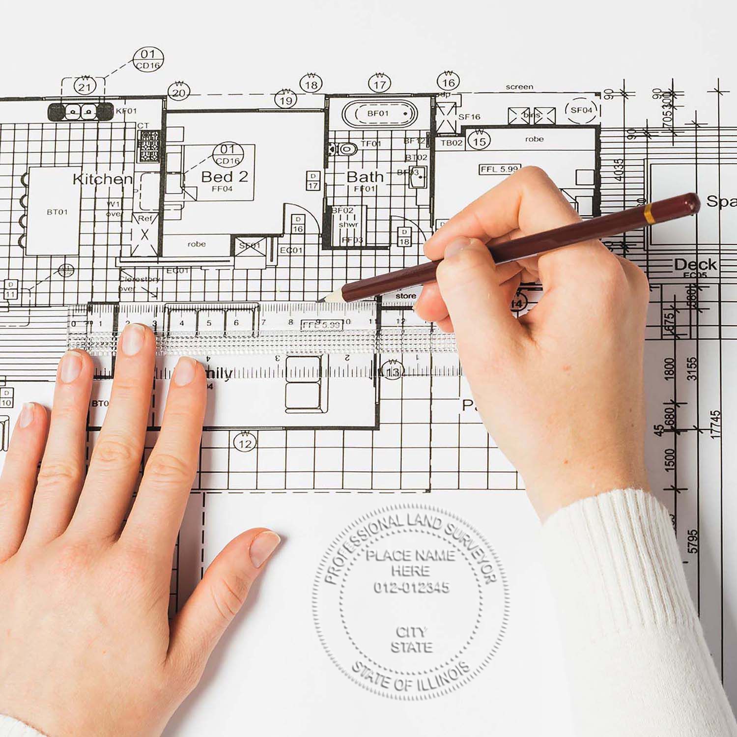 The Extended Long Reach Illinois Surveyor Embosser stamp impression comes to life with a crisp, detailed photo on paper - showcasing true professional quality.