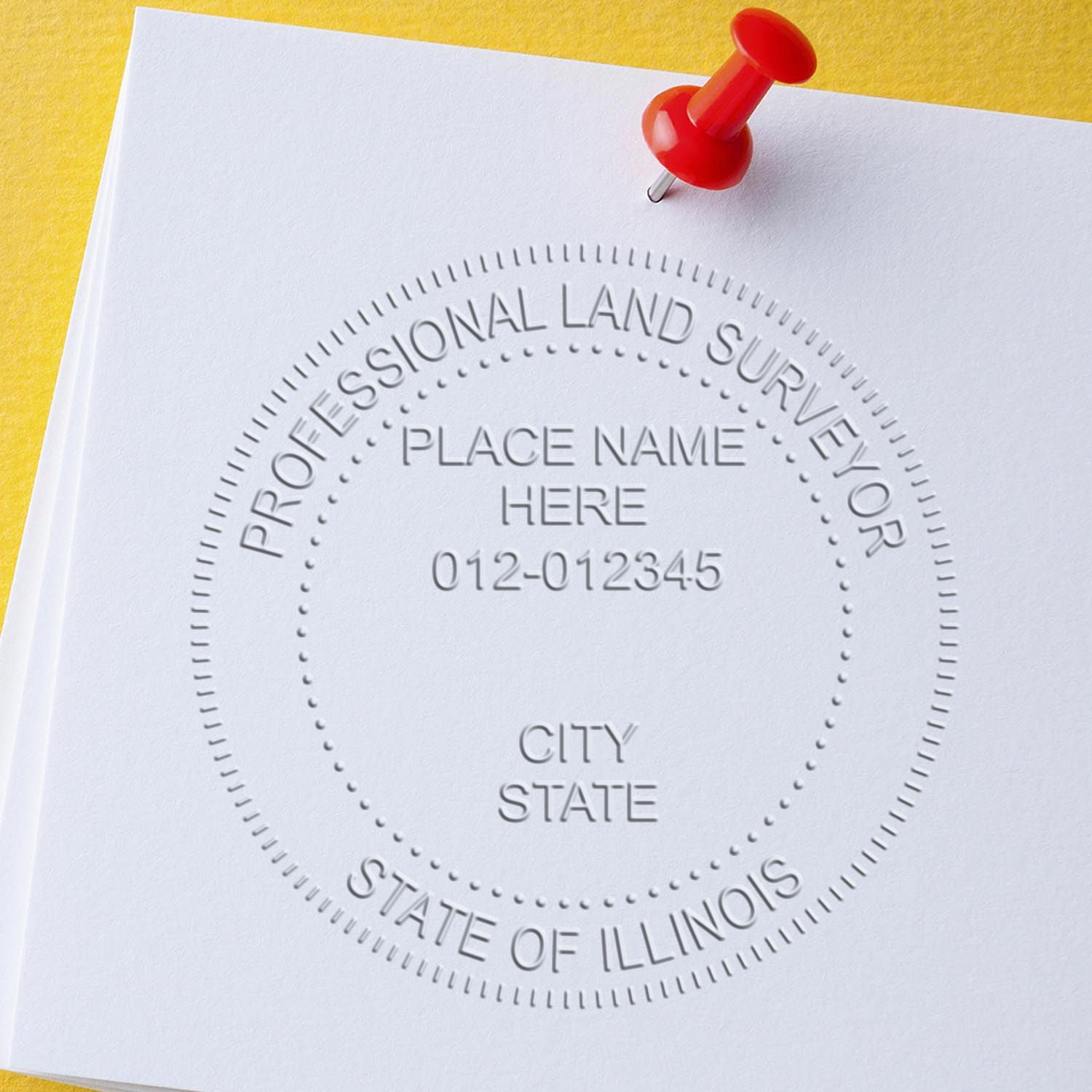 A photograph of the State of Illinois Soft Land Surveyor Embossing Seal stamp impression reveals a vivid, professional image of the on paper.