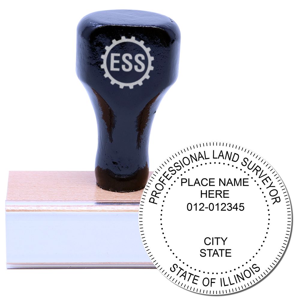 Illinois Land Surveyor Seal Stamp, IL PLS Stamp with a wooden handle and a circular imprint for professional land surveyors in Illinois.