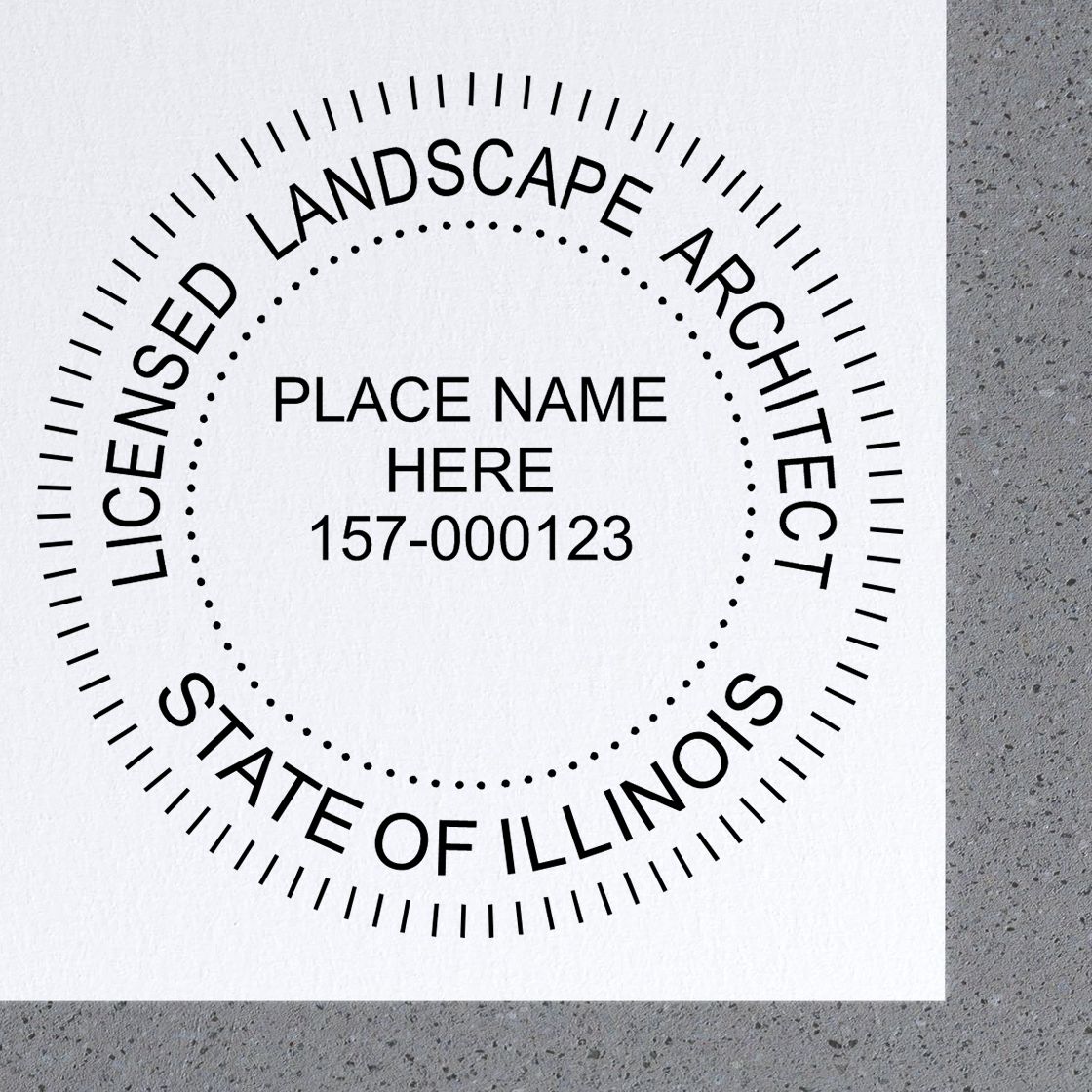 Premium MaxLight Pre-Inked Illinois Landscape Architectural Stamp in use photo showing a stamped imprint of the Premium MaxLight Pre-Inked Illinois Landscape Architectural Stamp