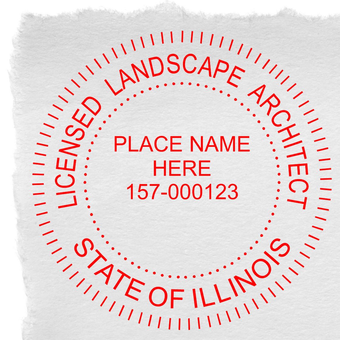 An alternative view of the Premium MaxLight Pre-Inked Illinois Landscape Architectural Stamp stamped on a sheet of paper showing the image in use